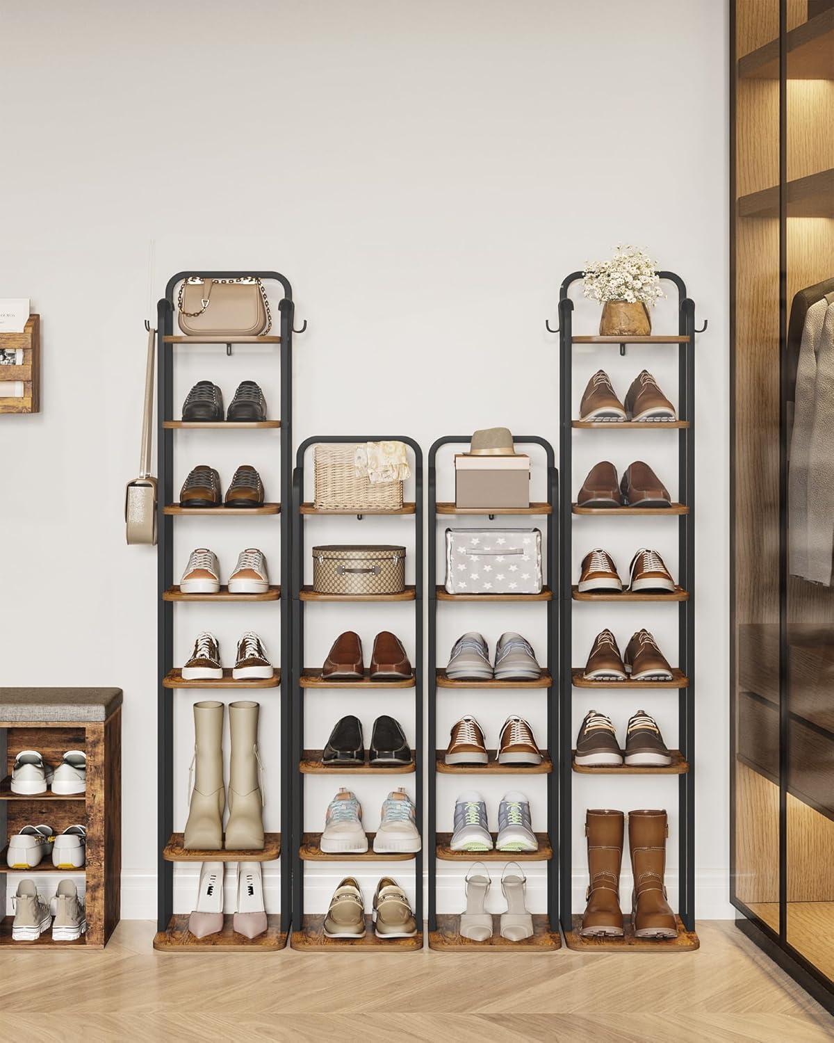 Vertical Shoe Rack, Shoe Shelves, Wood Shoe Organizer For Closet, Entryway, Shoe Tower For Small Spaces, Free Standing, Adjustable, With 2 Hooks, 6 Tier Rustic Brown
