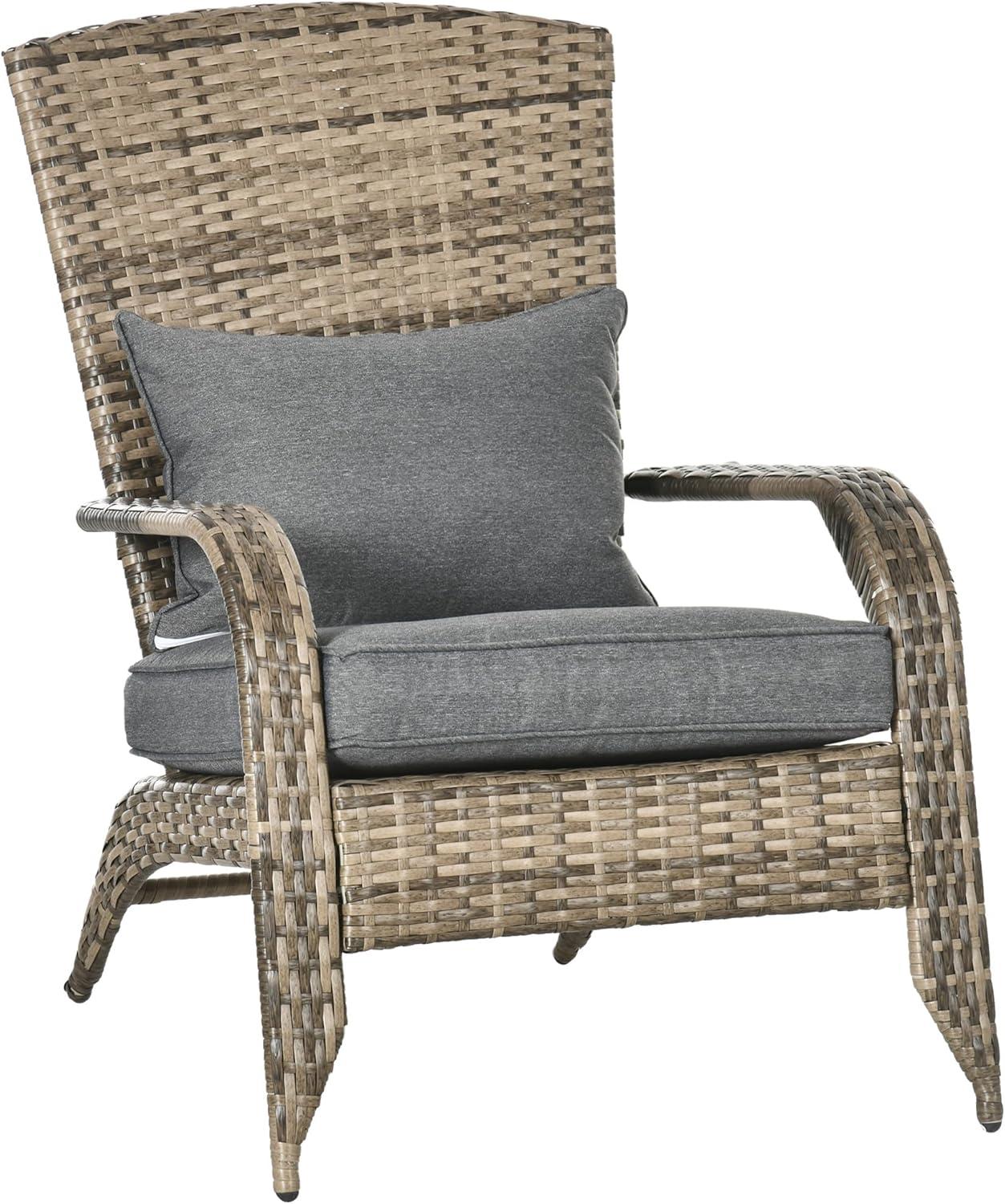 Outsunny Patio Adirondack Chair with All-Weather Rattan Wicker, Soft Cushions, Tall Curved Backrest for Deck or Garden, Light Gray