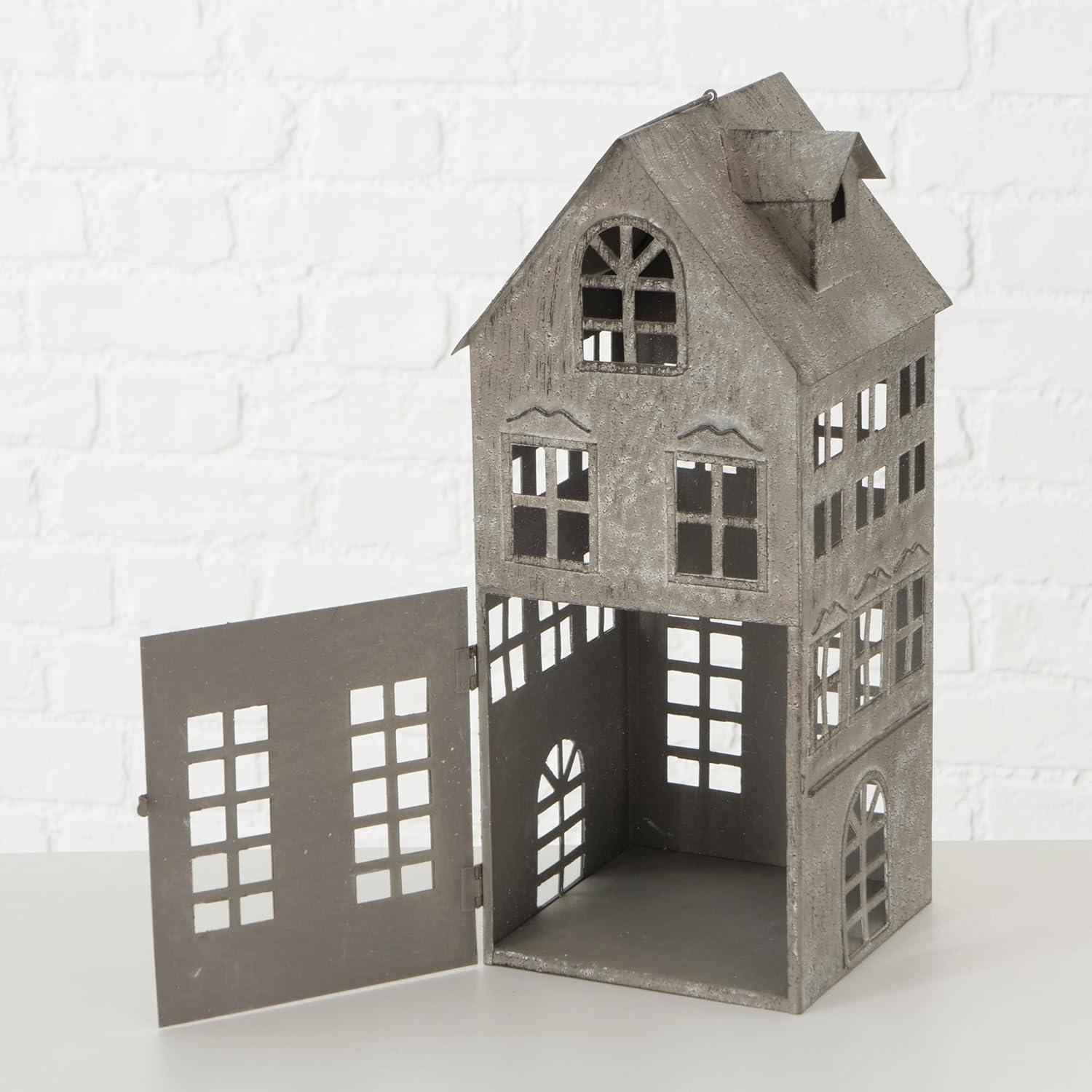 Americana Main Street Town House Candle Lanterns, Set of 3, Vintage Style, Weathered White and Rustic Gray, Metal, Hinged Doors, 14 1/2, 8 3/4 and 5 1/8 Inches Tall