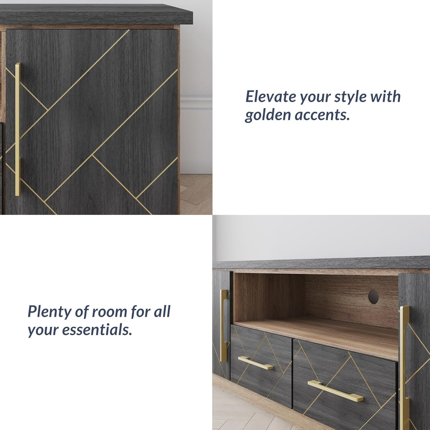 BELLEZE 70 Inch Modern TV Stand with Gold Trim, Elegant Entertainment Center with Storage, Media Console Table with Drawers & Open Shelves for Living Room, Bedroom, Home Theater (Espresso Black)