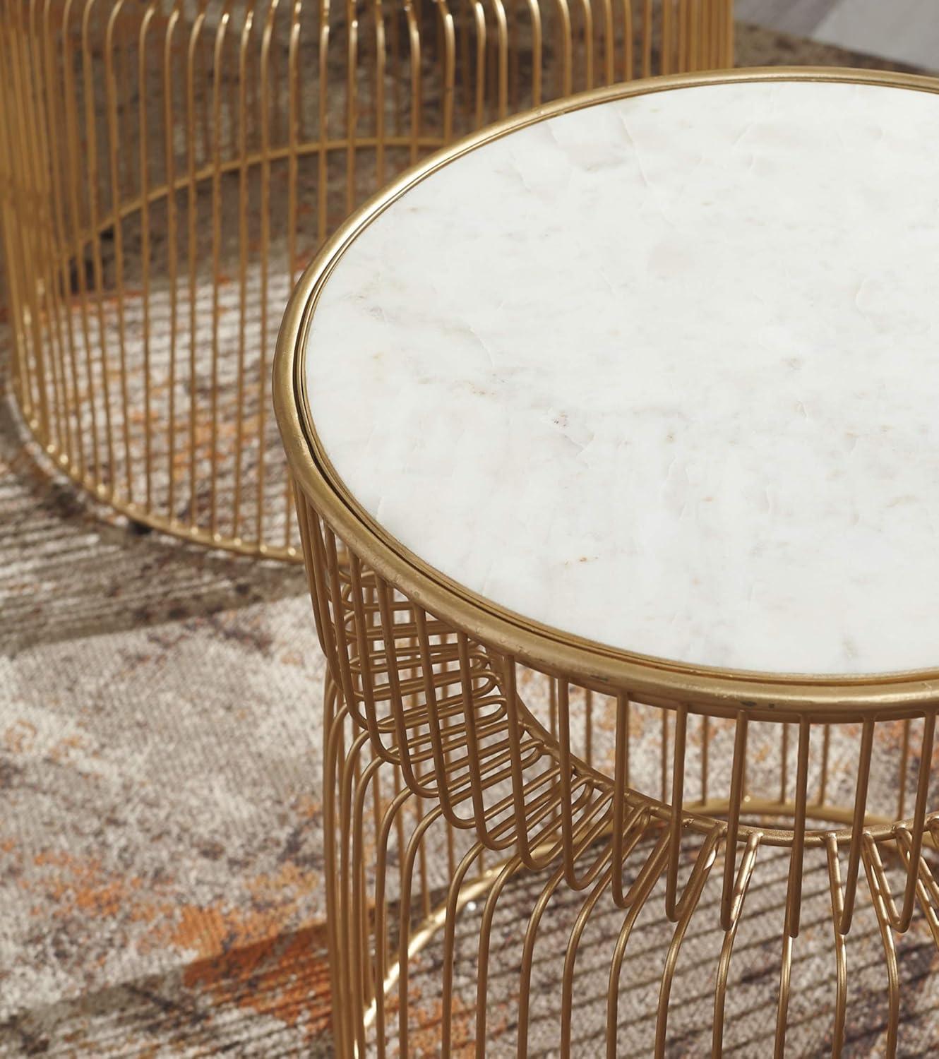 Set of 2 Vernway Side Tables White/Gold - Signature Design by Ashley: Marble Top, Contemporary Living Room Furniture Set