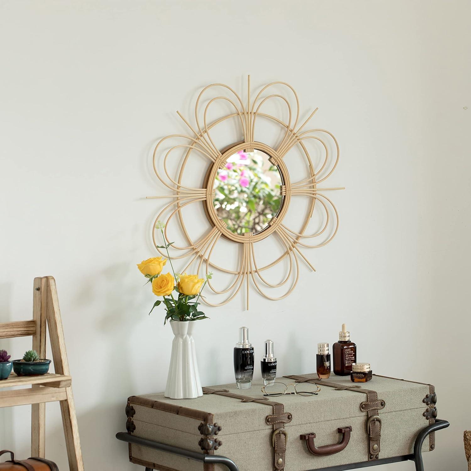 Vintiquewise Decorative Flower Shape Woven Rattan Wood Round Modern Hanging Wall Mirror