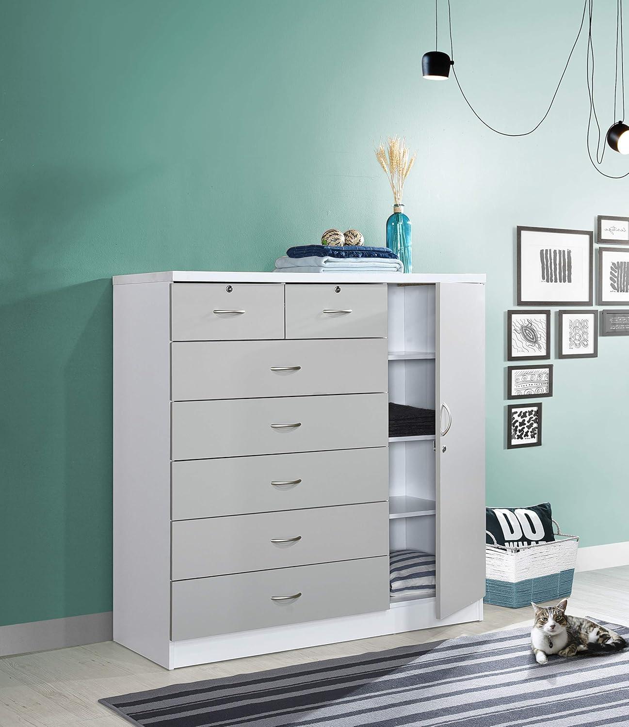 Hodedah 7-Drawer Chest with Locks on 2-Top Drawers plus 1-Door with 3-Shelves, Grey