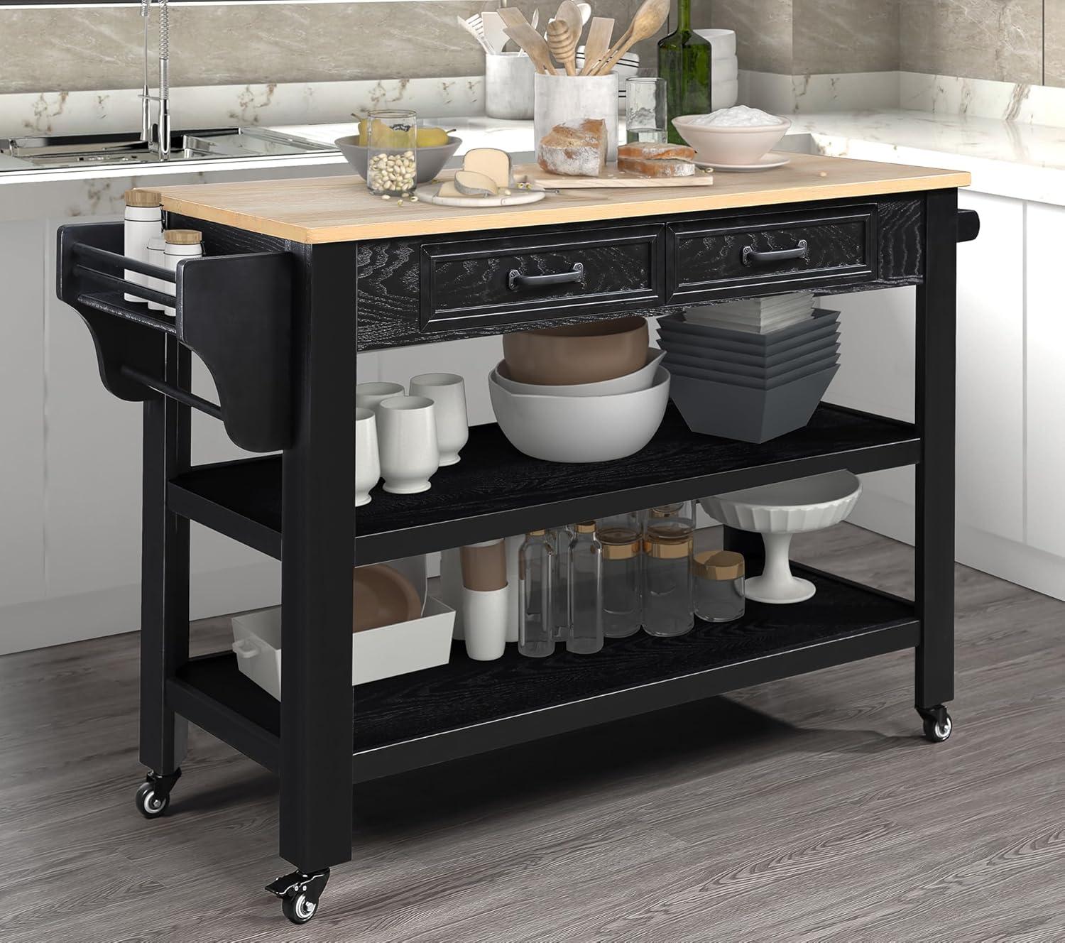 57 Inch Solid Wood Kitchen Island Cart,Solid Oak Wood Top Rolling Kitchen Cart with 2 Drawers,2 Storage Shelves,Wine and Spice Rack,Black