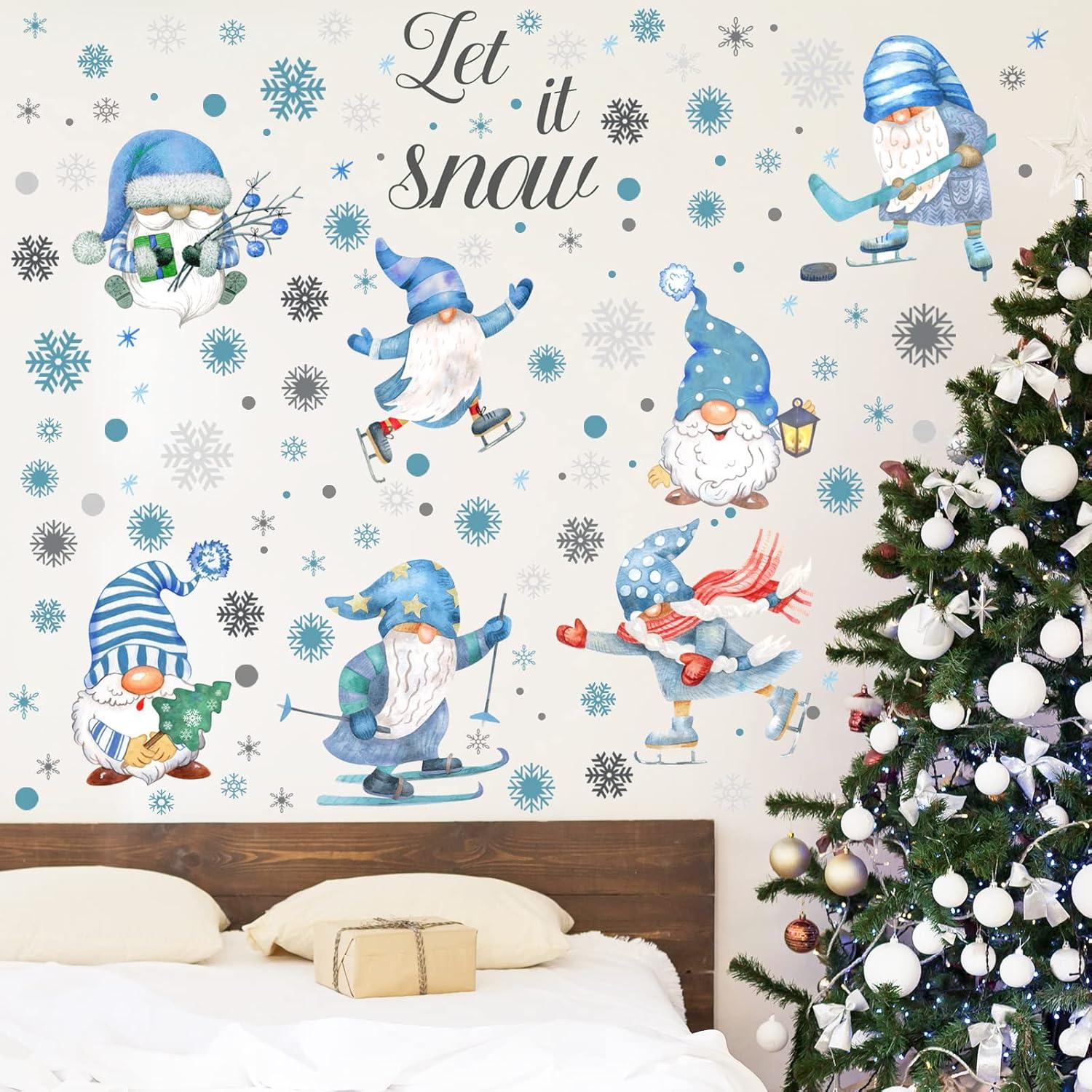 135 Pcs Blue and Silver Gnome Snowflake Vinyl Wall Decals