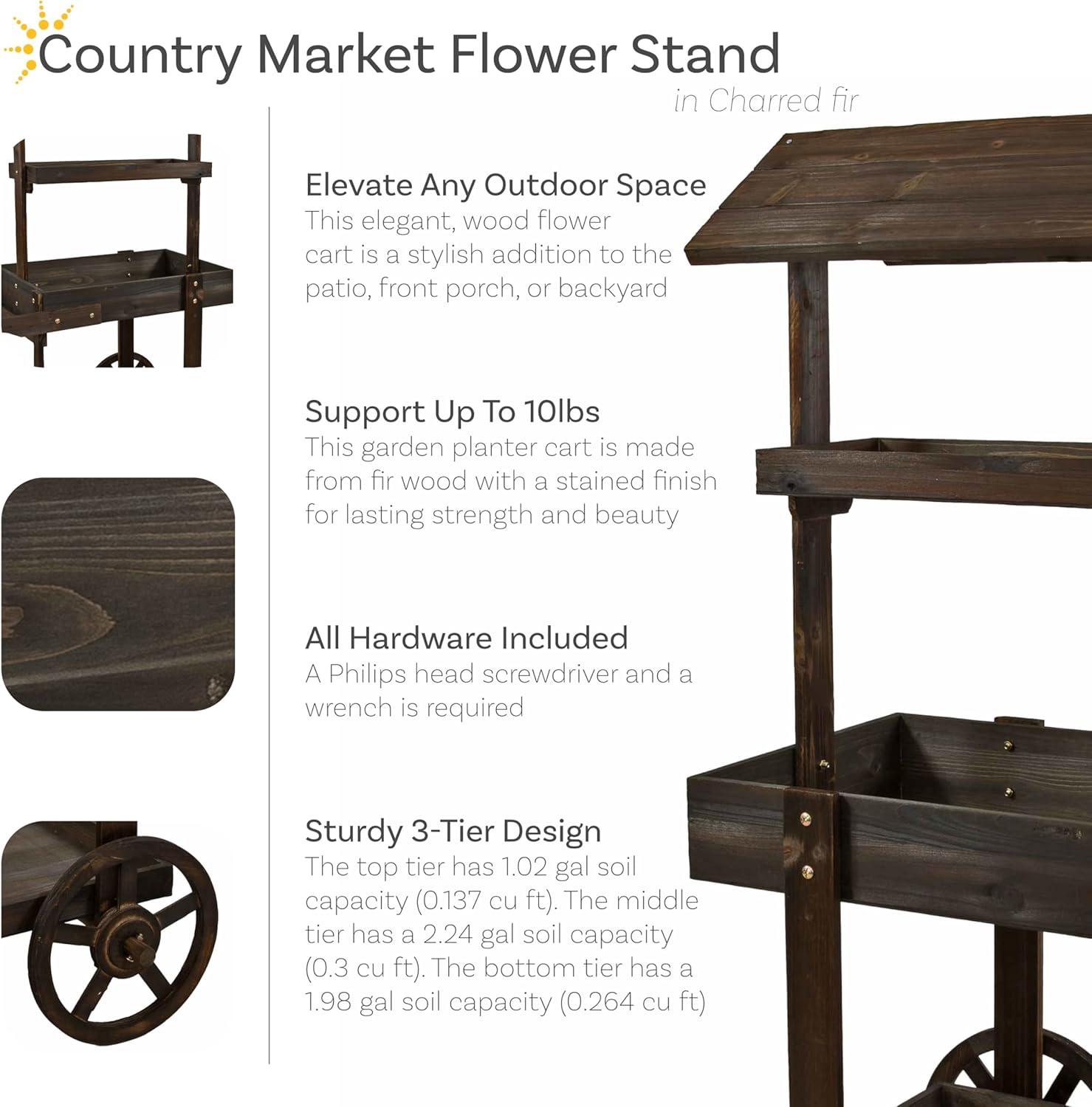 Sunnydaze Country Market Flower Cart Display Stand - 49.25” H - Charred Fir