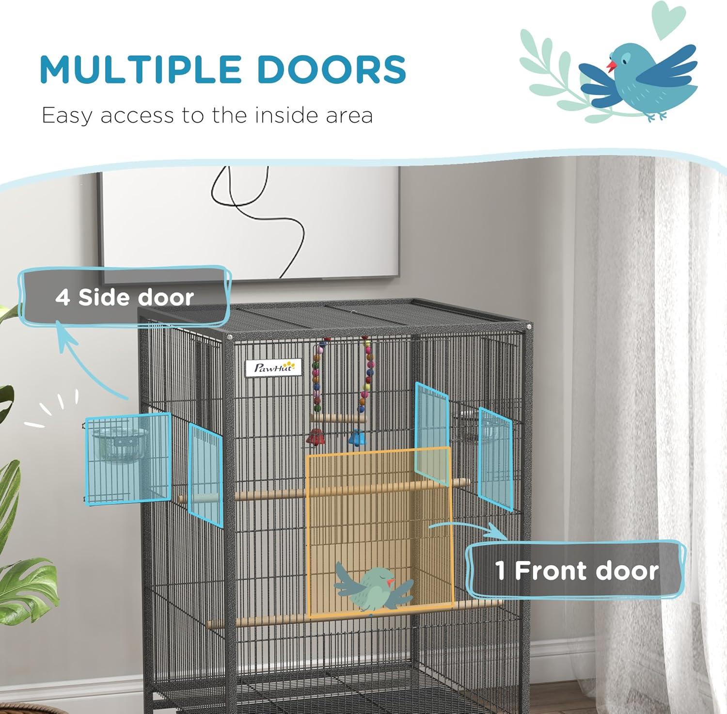 Pawhut Metal Bird Cage with Stand for Parrots, Lovebirds, Finches, Gray