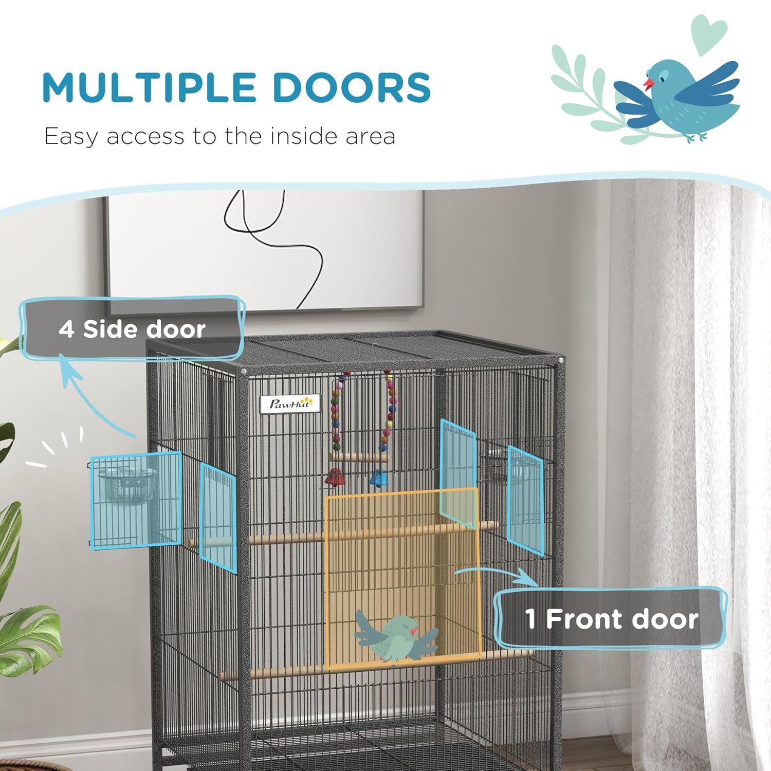 Pawhut Metal Bird Cage with Stand for Parrots, Lovebirds, Finches, Gray