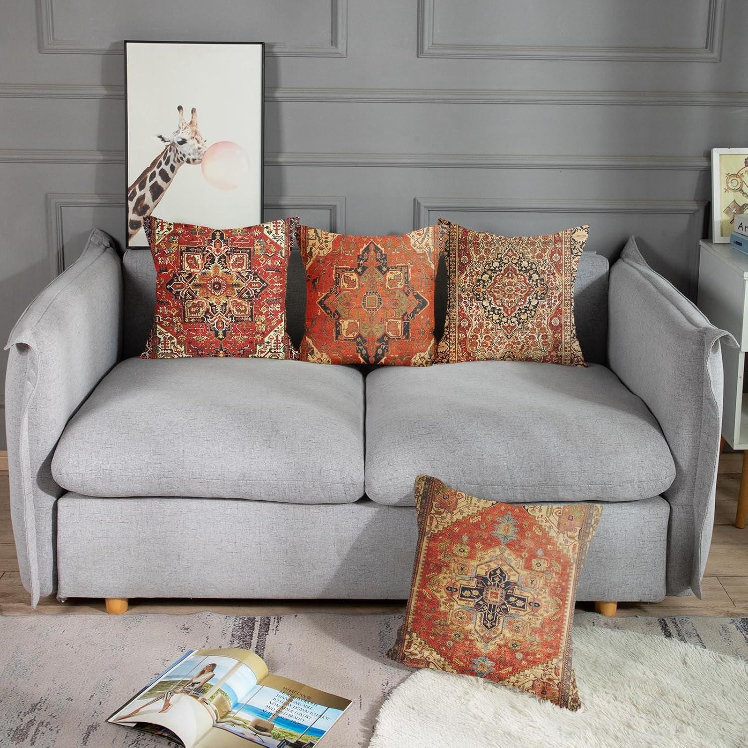 Sanwarm Throw Pillow Covers Home Decor Set of 4 Pillow Cases Decorative 18 x 18 Inches Cushion Couch Sofa Pillowcases Turkey Kilim Ancient Antique