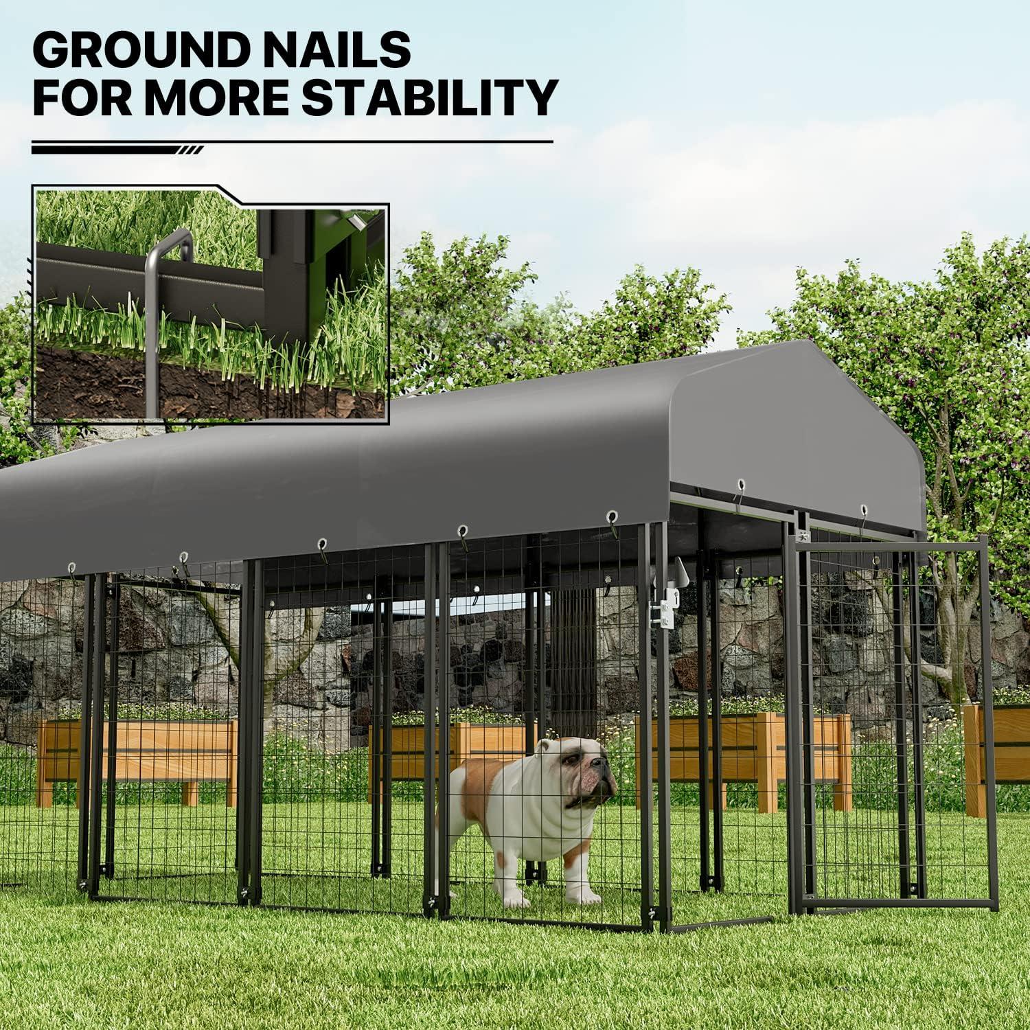 Outdoor Metal Dog Run Cage Animal Kennel Pet House Fence Playpen with UV-Proof Roof