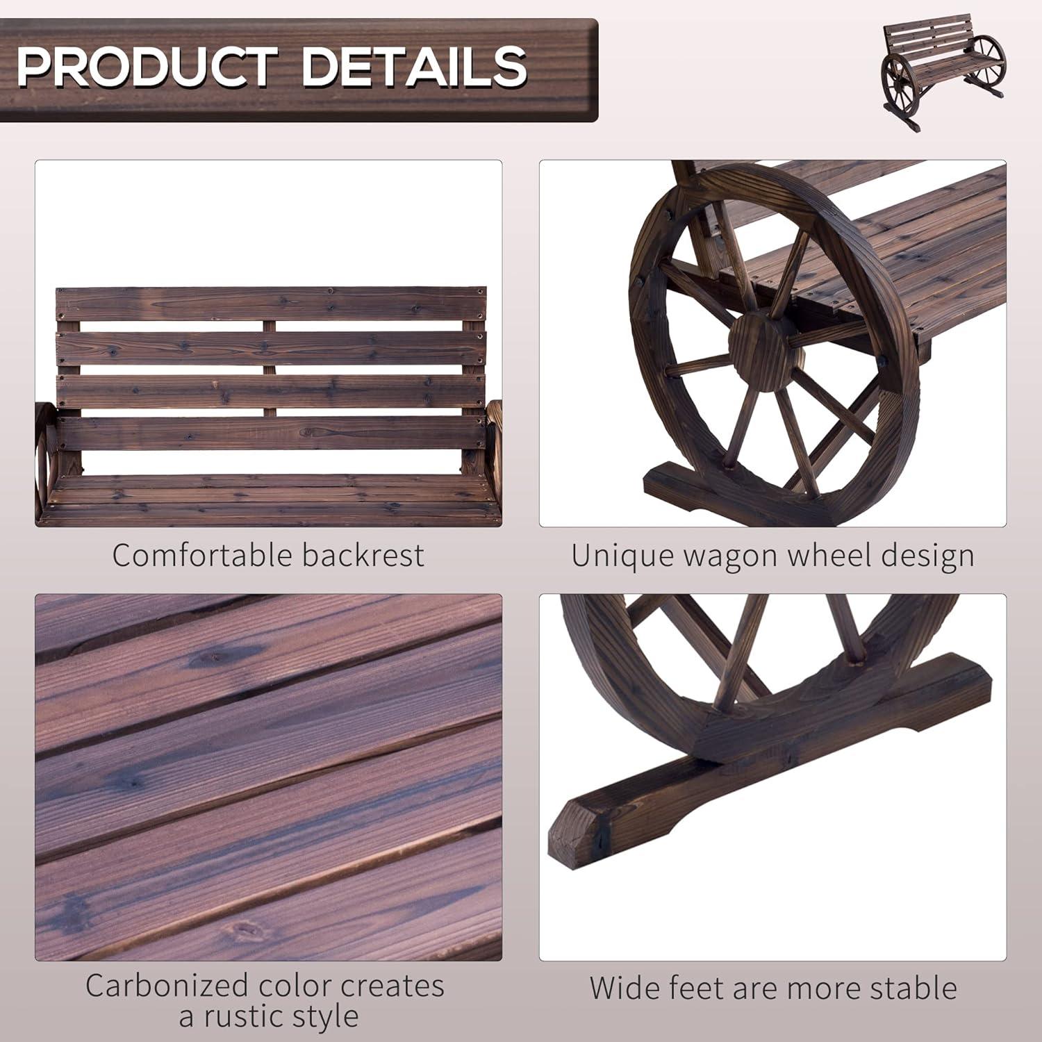 Outsunny Wooden Wagon Wheel Bench Rustic Outdoor Patio Furniture, 2-Person Seat Bench with Backrest Carbonized