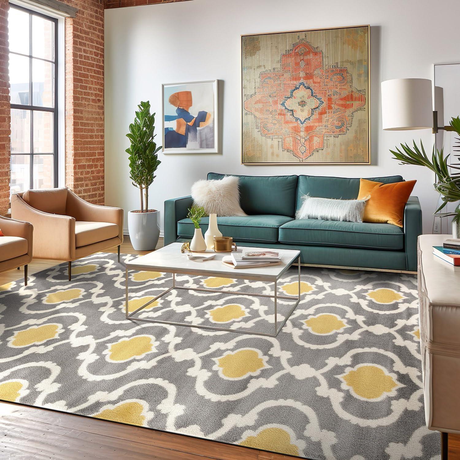 Contemporary Moroccan Trellis 6'6" x 9' Gray and Yellow Area Rug