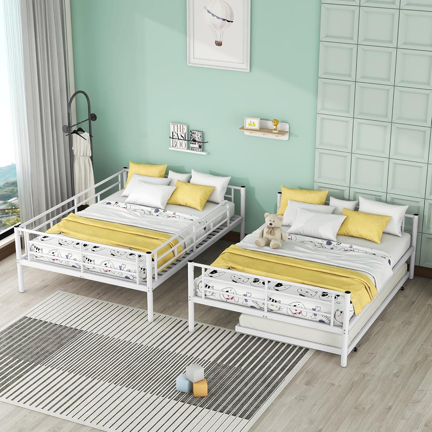 Harper & Bright Designs Full Over Full Metal Bunk Bed with Trundle, Ladder & High Guardrail, Able to Split, Noise Free, Heavy-Duty Steel Loft Bed Frame with Safety Rail for Bedroom, Dorm (White)