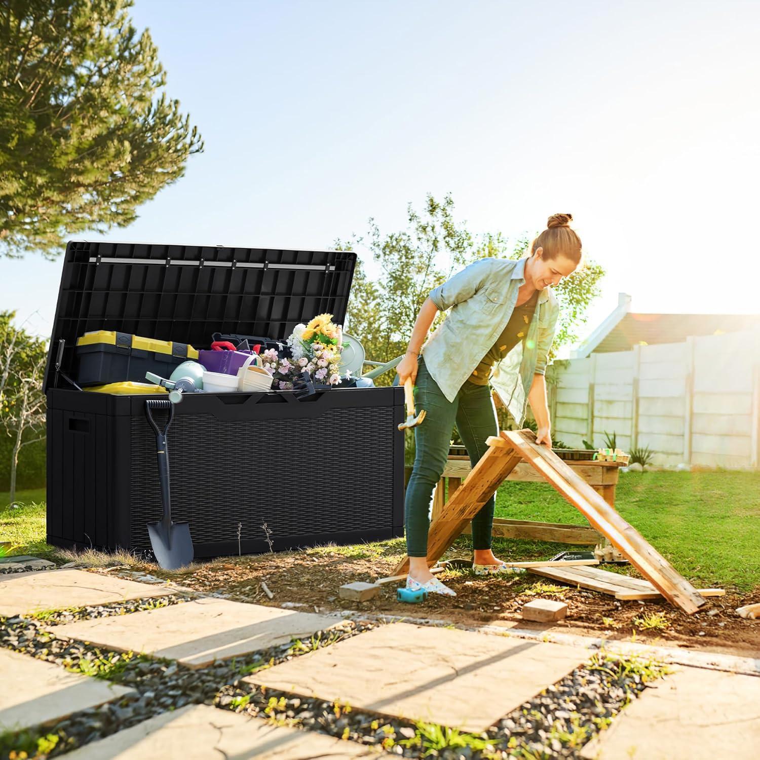 GEMBIK 100 Gallon Resin Deck Box, Large Outdoor Storage Bench with Cushions, Black