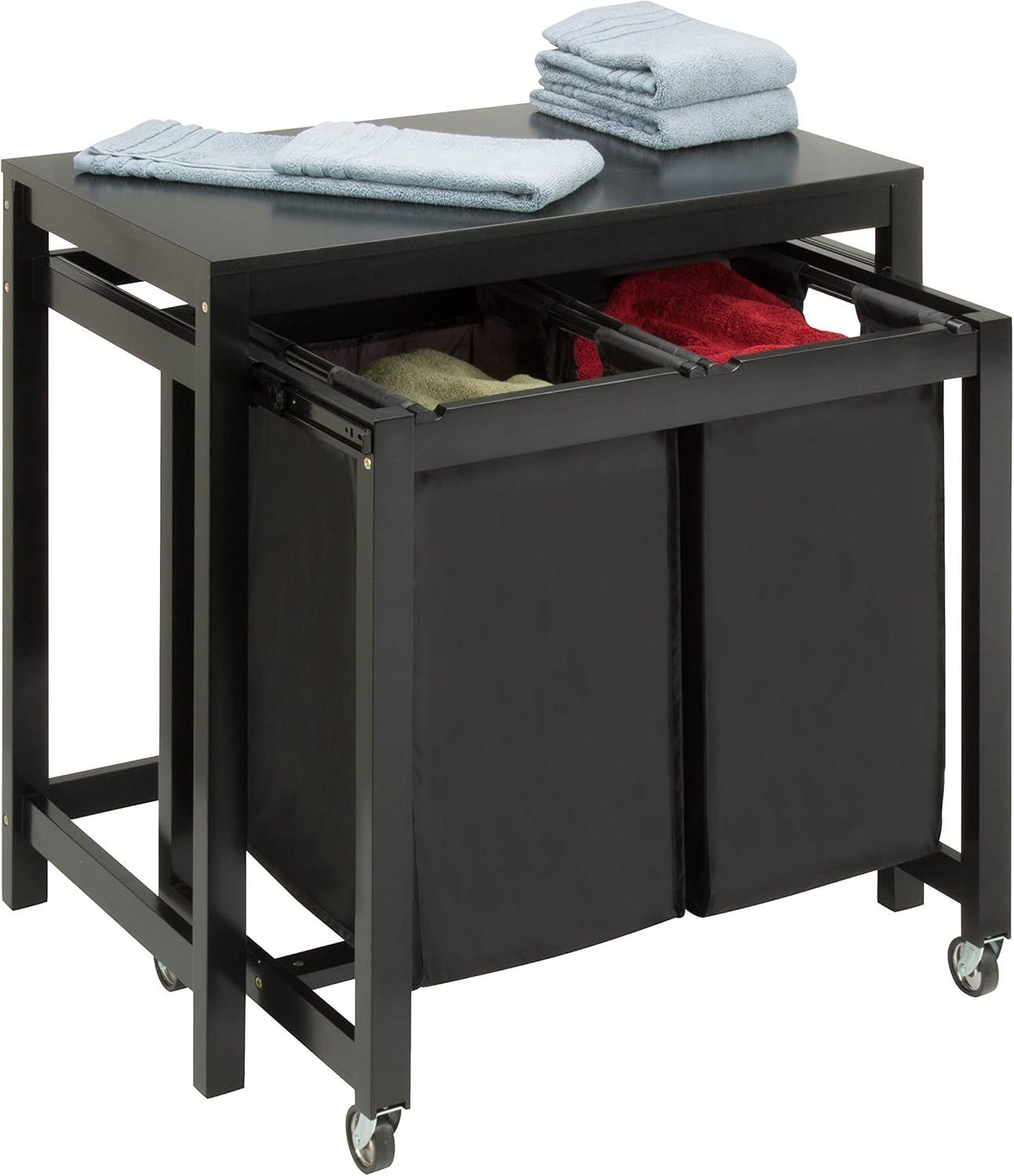 Black Double Sorter Folding Laundry Table with Removable Bags