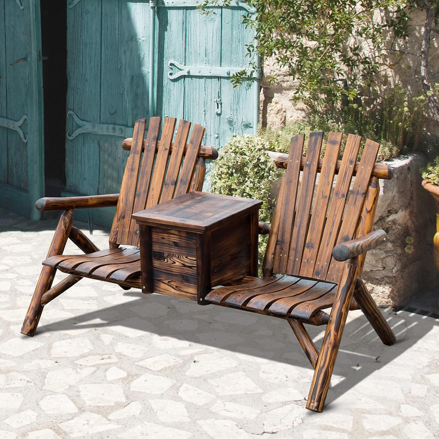 Outsunny Wooden Double Adirondack Chair Loveseat with Inset Ice Bucket, Table, Rustic Look, & Weather-Resistant Varnish