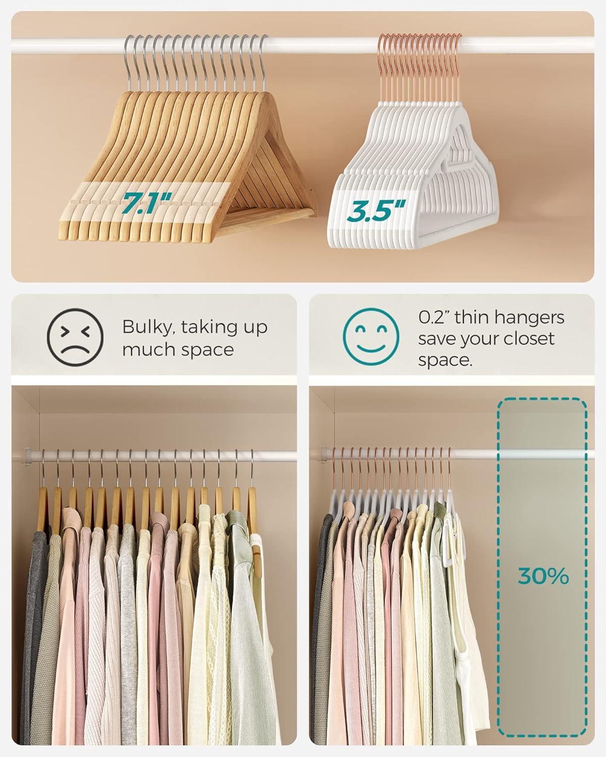 SONGMICS Velvet Hangers, Set of 50 Clothes Hanger with Rose Gold Swivel Hook, Non-Slip, and Space-Saving, 0.2-Inch Thick, 17.1-Inch Long for Coat, Shirt, Dress, Pants, Tie, Cloud White UCRF021W02