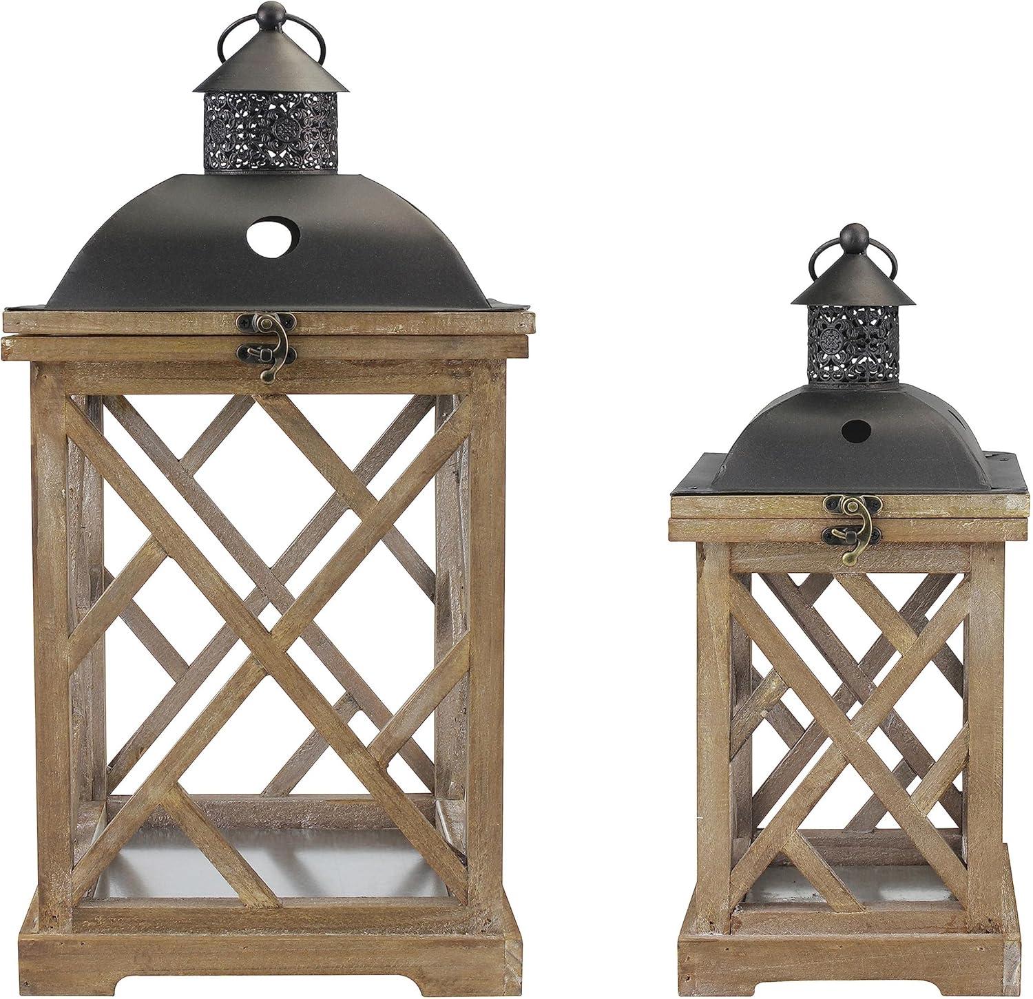 Stonebriar Collection Set of 2 Wooden and Metal Hurricane Candles Lantern Brown : Indoor/Outdoor, Pillar Compatible