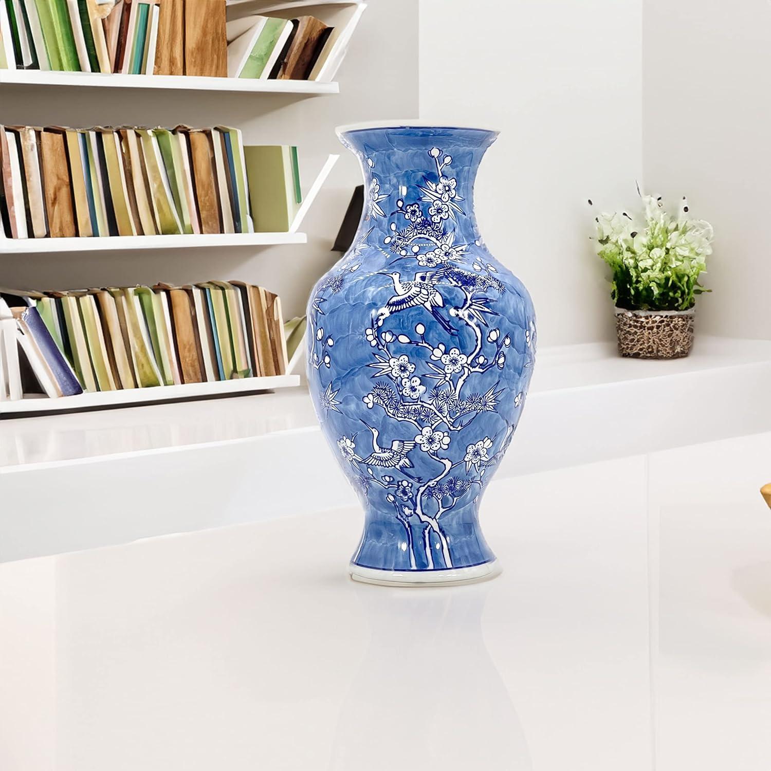 Dark Blue Floral Chinoiserie Ceramic Vase with White Accents