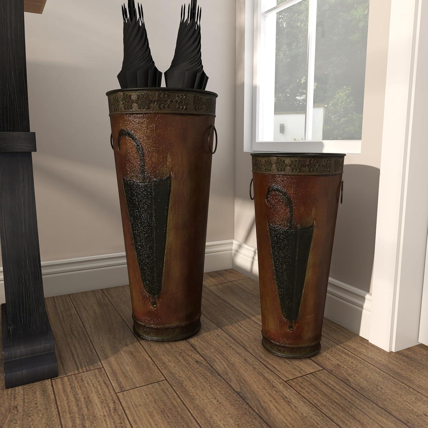 DecMode Brown Metal Umbrella Stand with Umbrella Image and Handles (Set of 2)