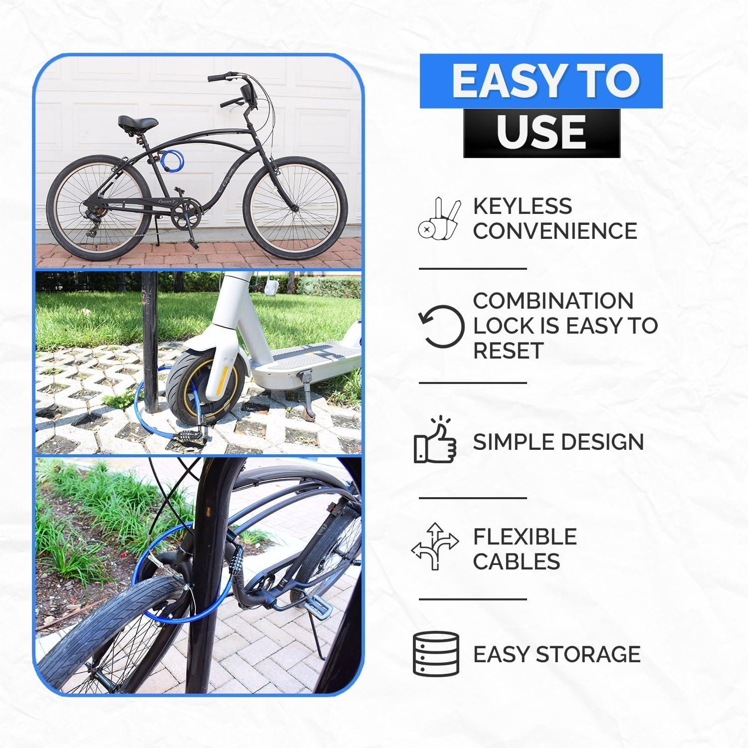 DocksLocks 2ft Bike and Scooter Straight Security Cable Combination Lock - Lightweight, Anti-Theft, Weatherproof - 0.6 lb