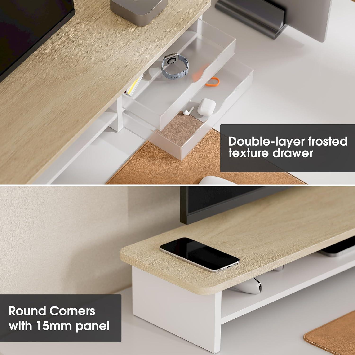 Oak and White Dual Monitor Stand with Drawers