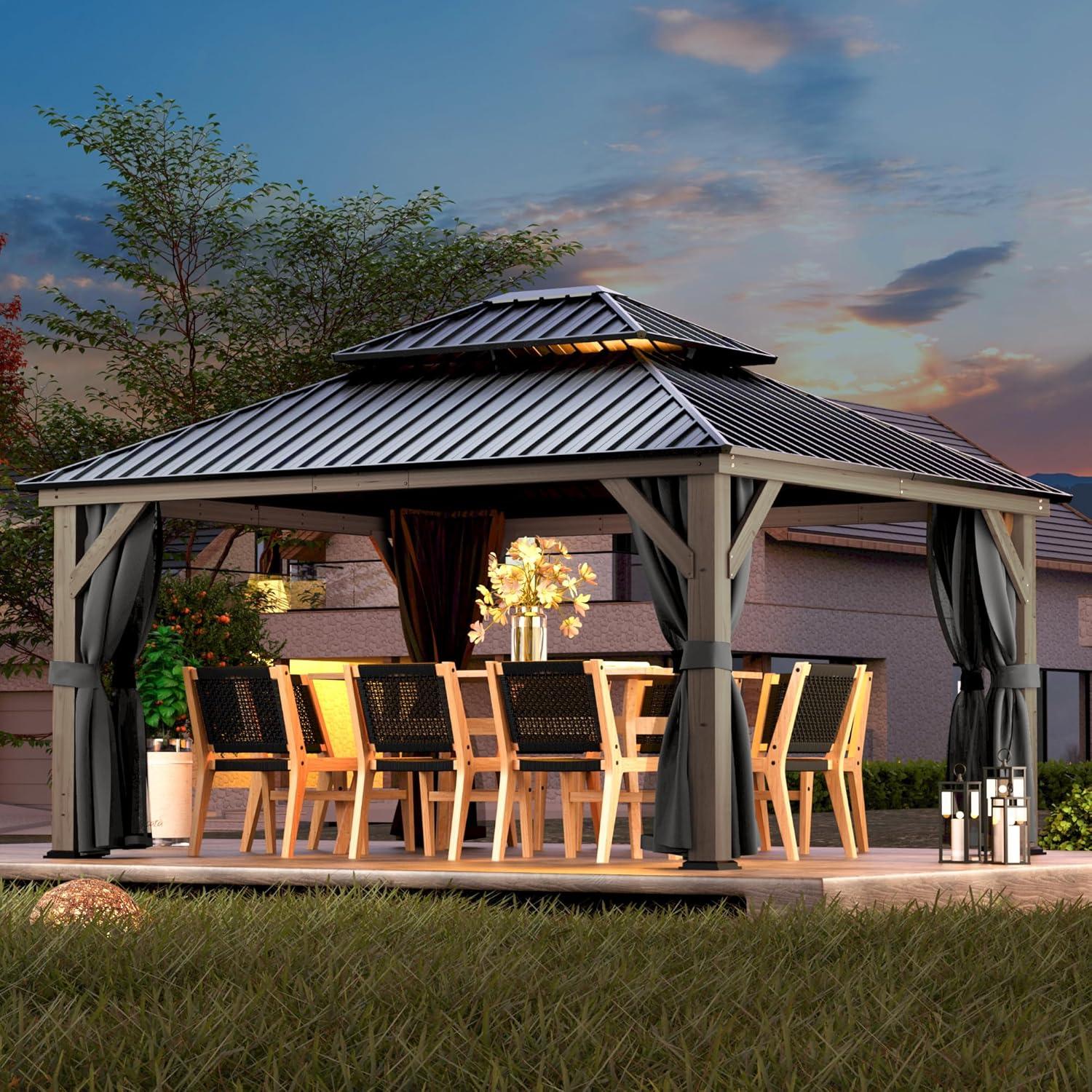 13' x 15' Black Metal Roof Wood Patio Gazebo with Curtains