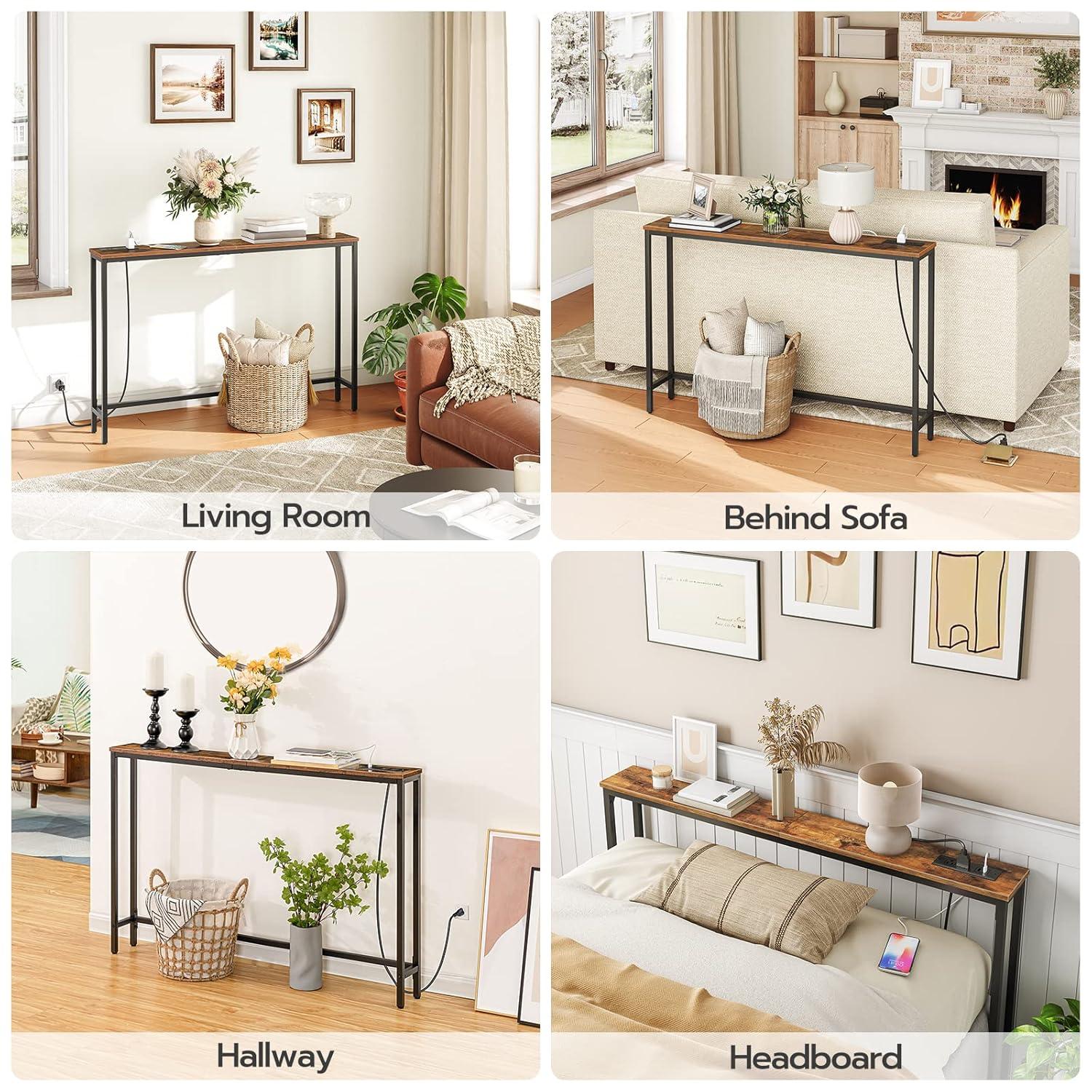 47.2" Skinny Console Table with Power Outlets and USB Ports, Table with Charging Station, Narrow Sofa Table, Behind Couch Table, for Entryway, Hallway, Foyer, Rustic Brown BF15XG01G1