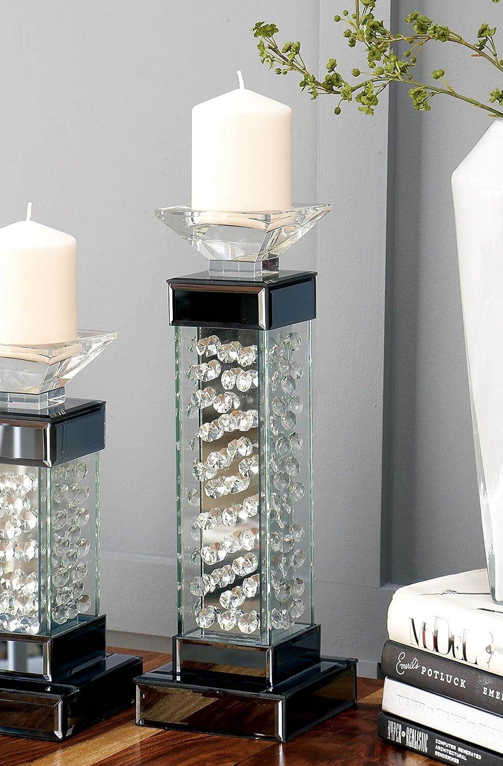 DecMode Silver Glass Pillar Candle Holder with Floating Crystals