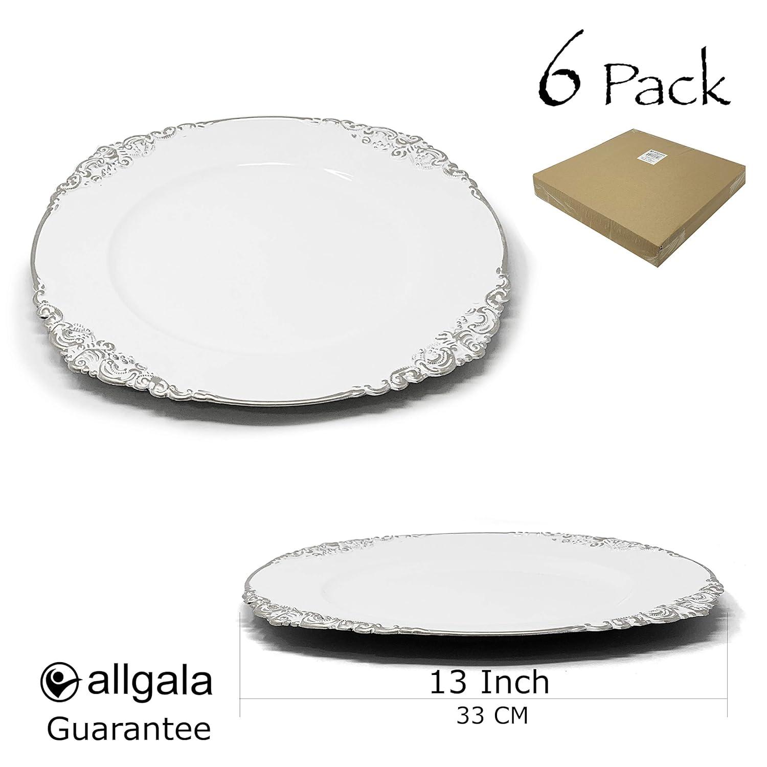 Allgala 13-Inch 6-Pack Heavy Quality Plastic Round Charger Plates-Floral White Silver Trim-HD80342