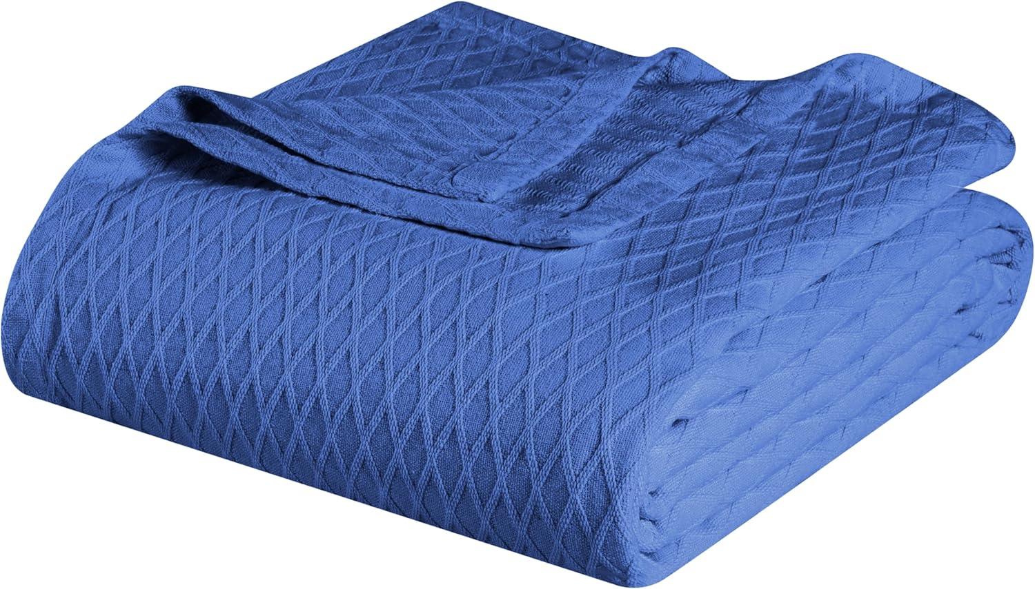 Merritt Blue Cotton Diamond Weave Knitted Throw Blanket