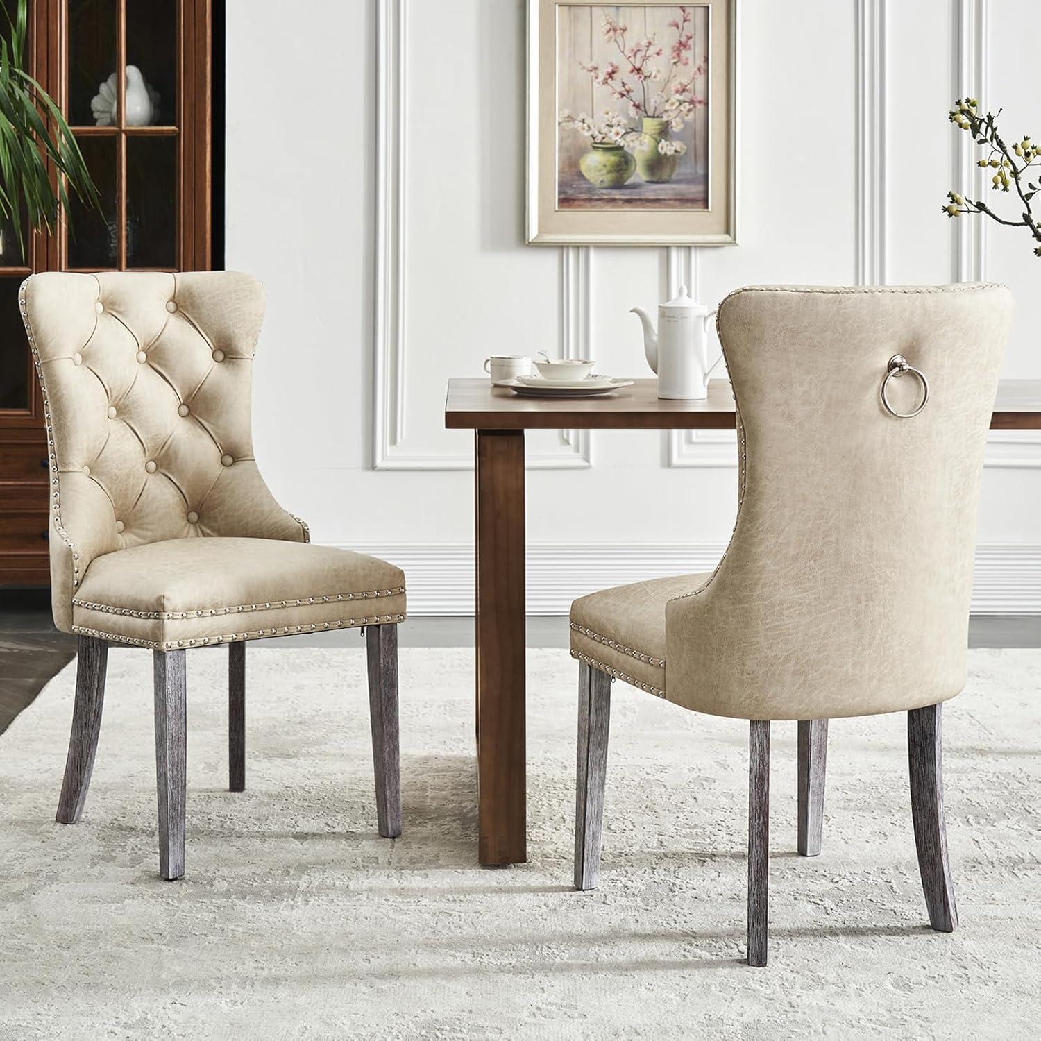BELLEZE Upholstered Dining Chairs Set of 2, Velvet Luxury Dining Room Chairs with Button Back, Nailhead Trim, Pull-ring, Solid Wood Legs for Kitchen, Living Room, Restaurant - Chandler (Beige)