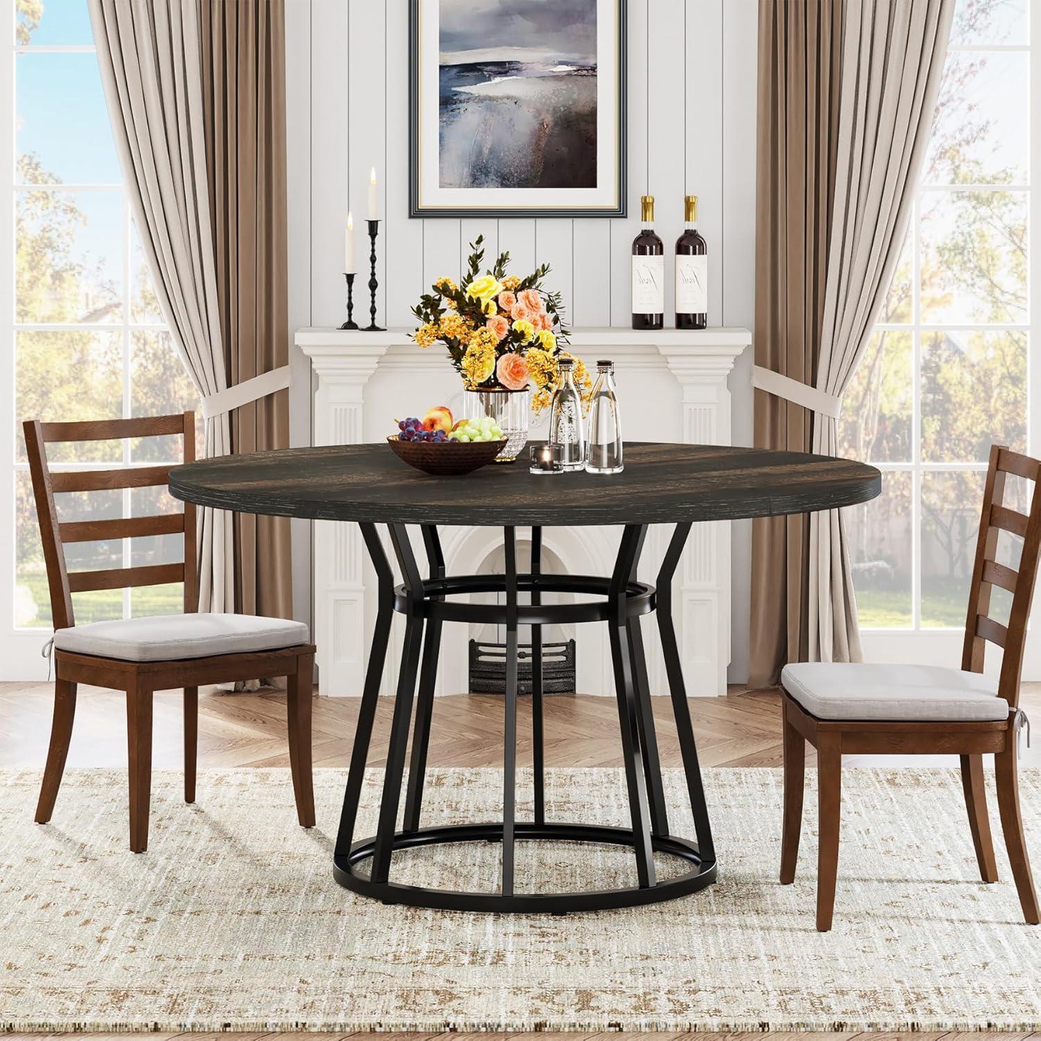 47-Inch Round Brown Wood Dining Table with Black Metal Base