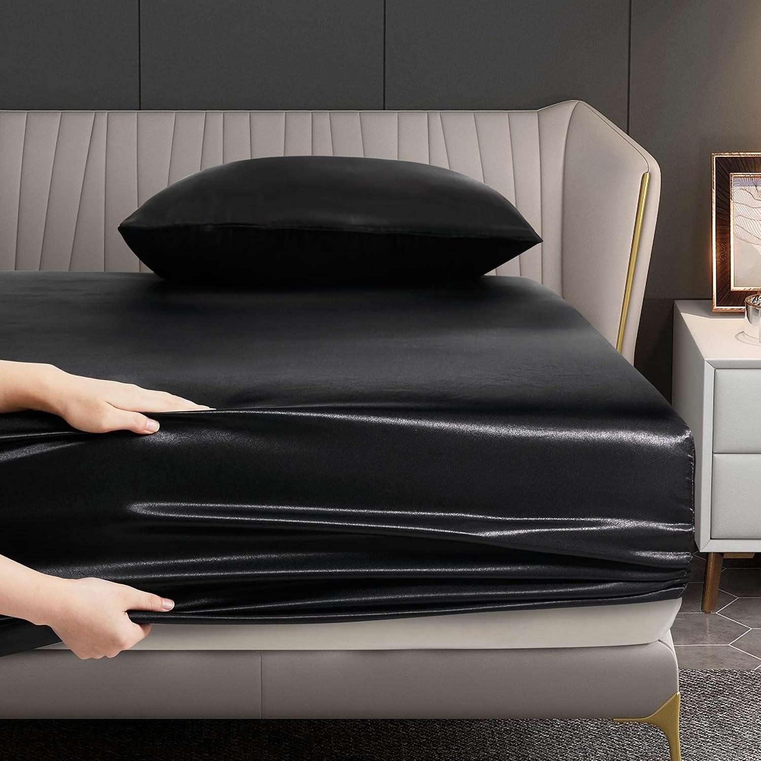 Black Satin Full Size 4-Piece Deep Pocket Sheet Set