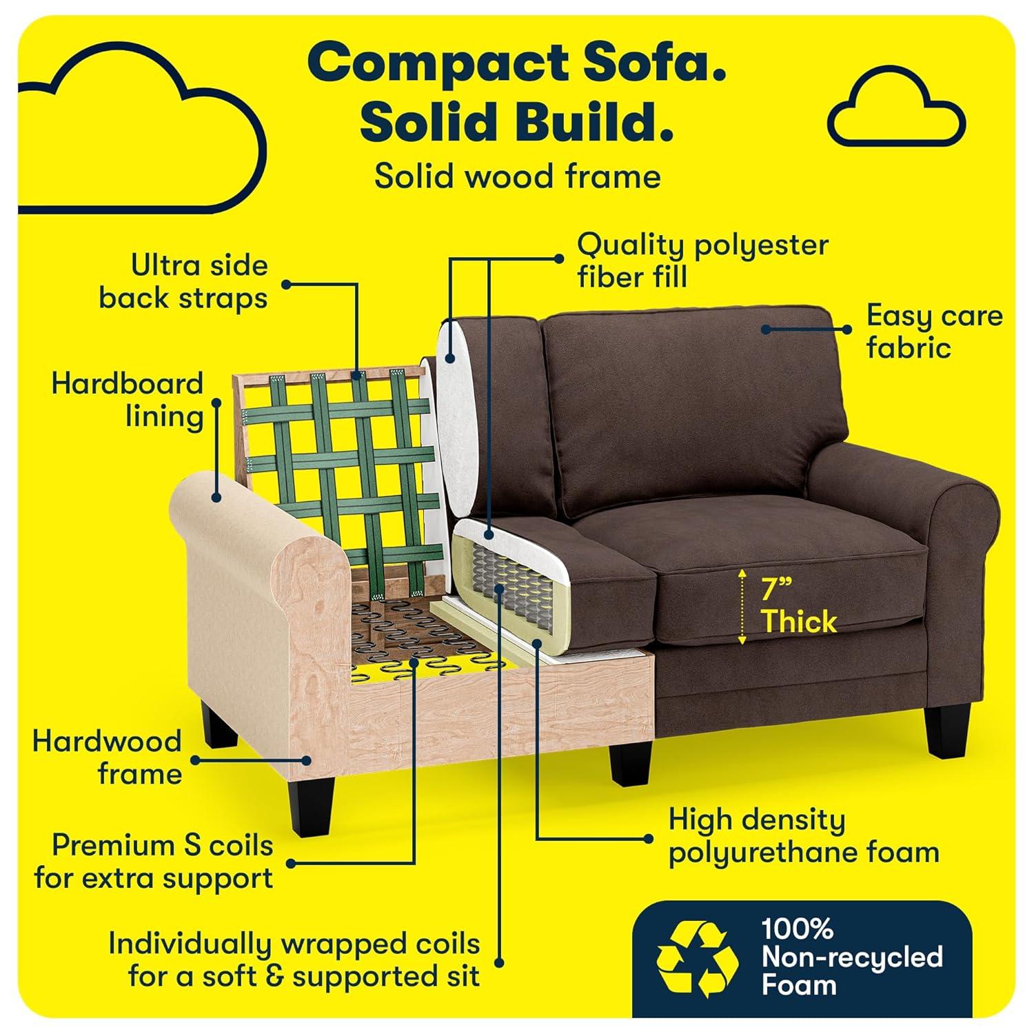 Serta Copenhagen 61" Rolled Arm Sofa, Easy Care Fabric, Soft Pillow Back, Pocket Coil Seat Cushions