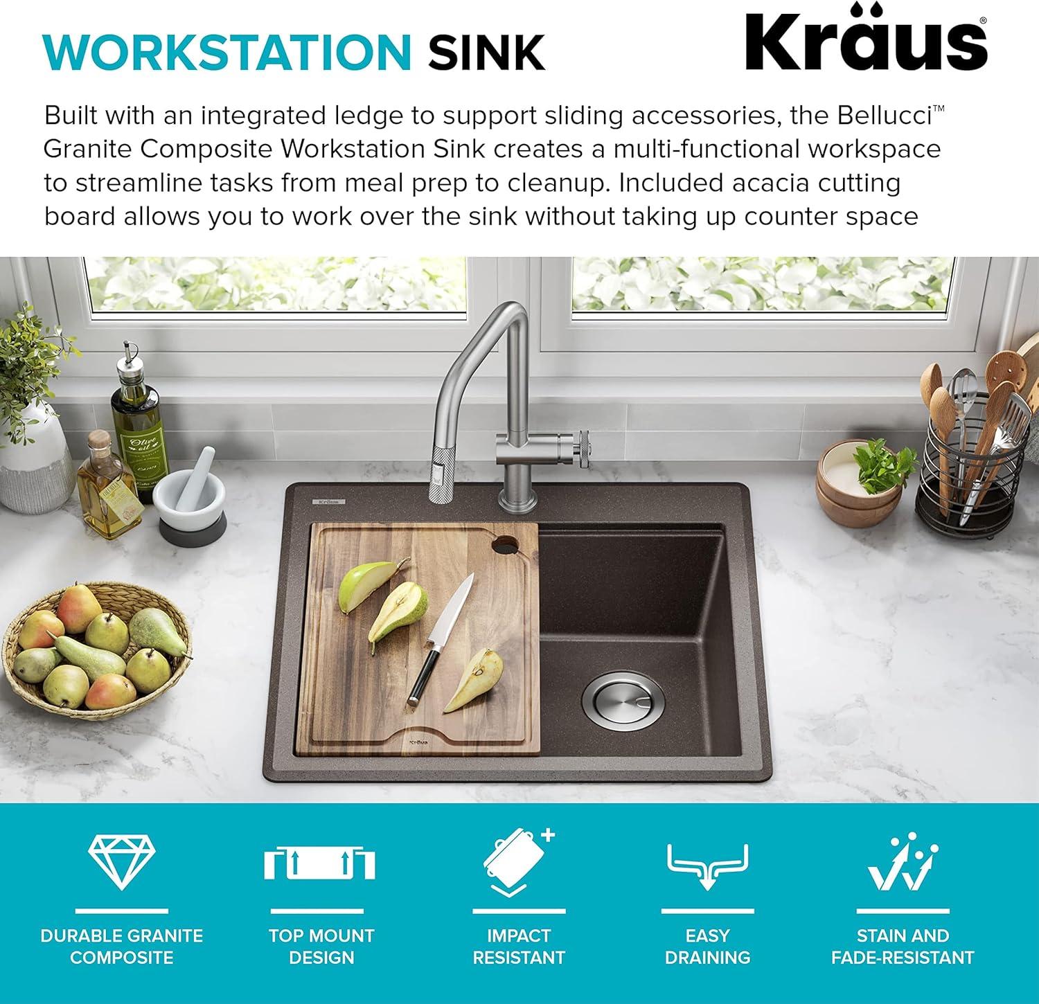 KRAUS Bellucci Granite Composite Workstation Drop-In Top Mount Single Bowl Kitchen Sink with Accessories