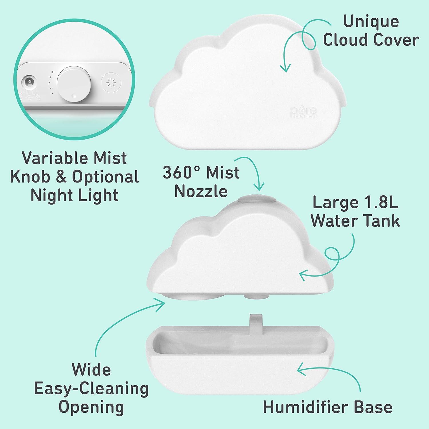 Pure Enrichment MistAire Cloud Ultrasonic Cool Mist Humidifier and Mood Light: Kids' Bedroom, Adjustable, Quiet, 24hr Run