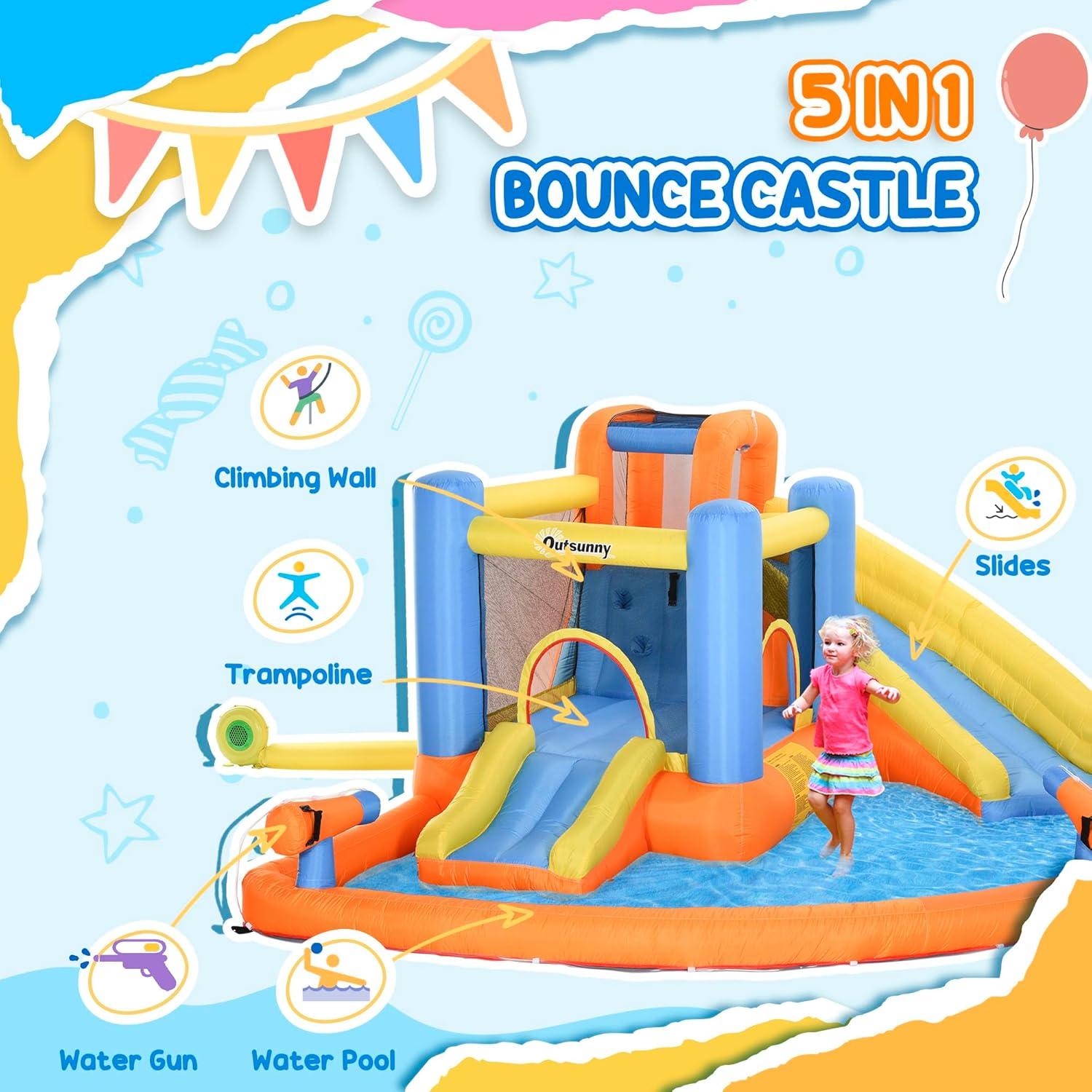 Outsunny 5-in-1 Inflatable Water Slide and Bounce House with Pool