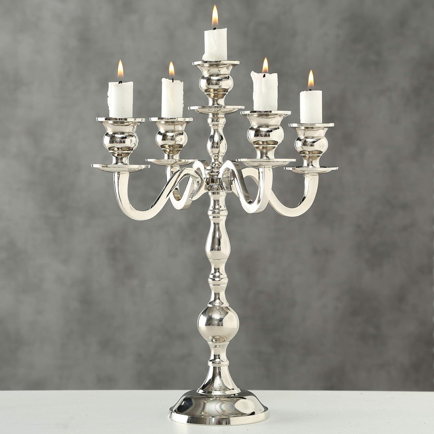 WHW Hamptons Five Arm Silver Candelabra, Taper Candle Holder, Hand Crafted of Silver Aluminum Nickel, 13.75 inches