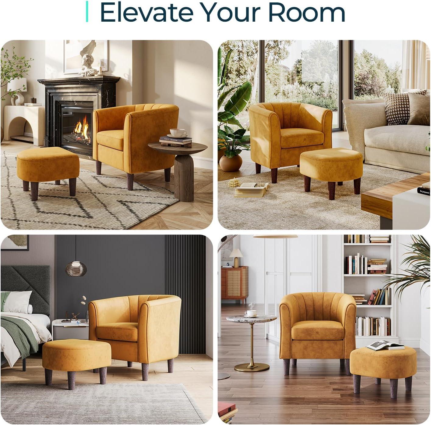 Yellow Velvet Barrel Accent Chair with Ottoman