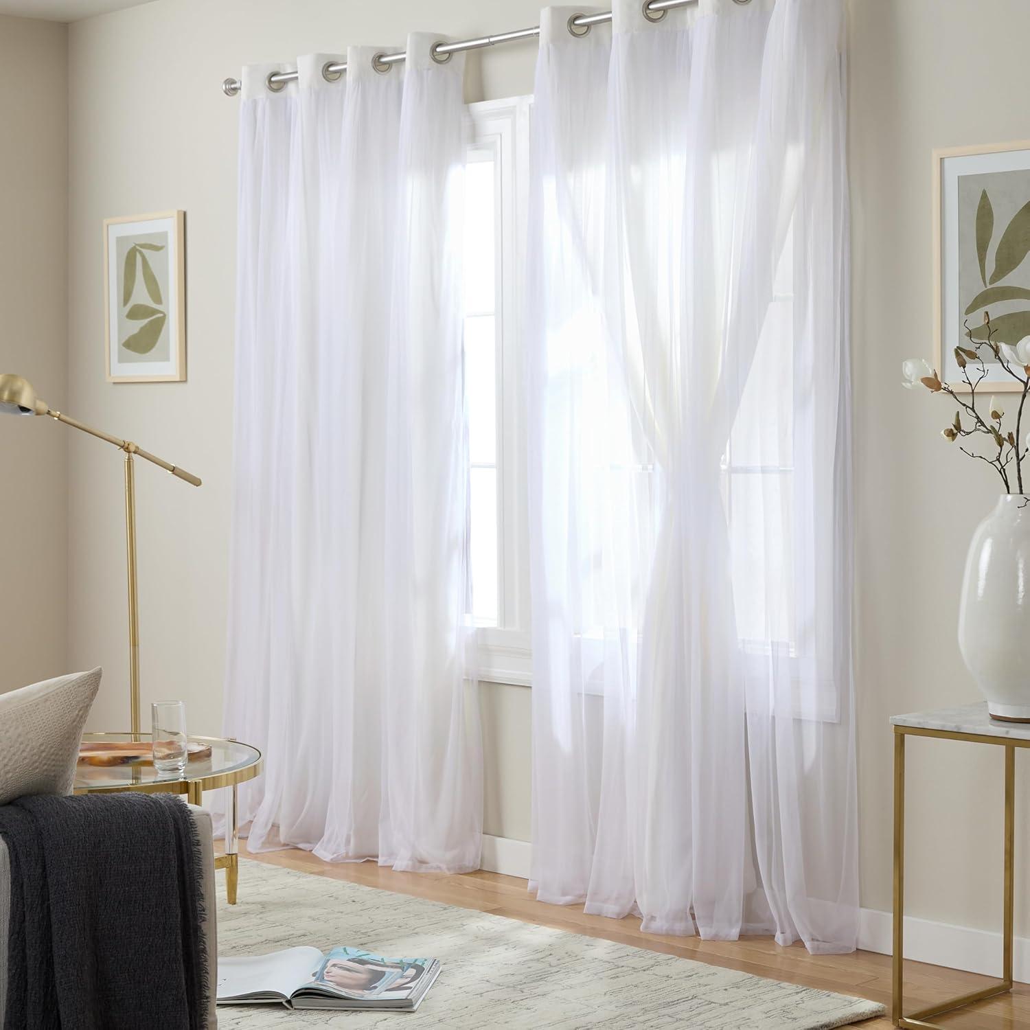 Set of 2 (108"x52") Catarina Layered Solid Blackout & Sheer Window Curtain Panel: White Curtains, Room Darkening