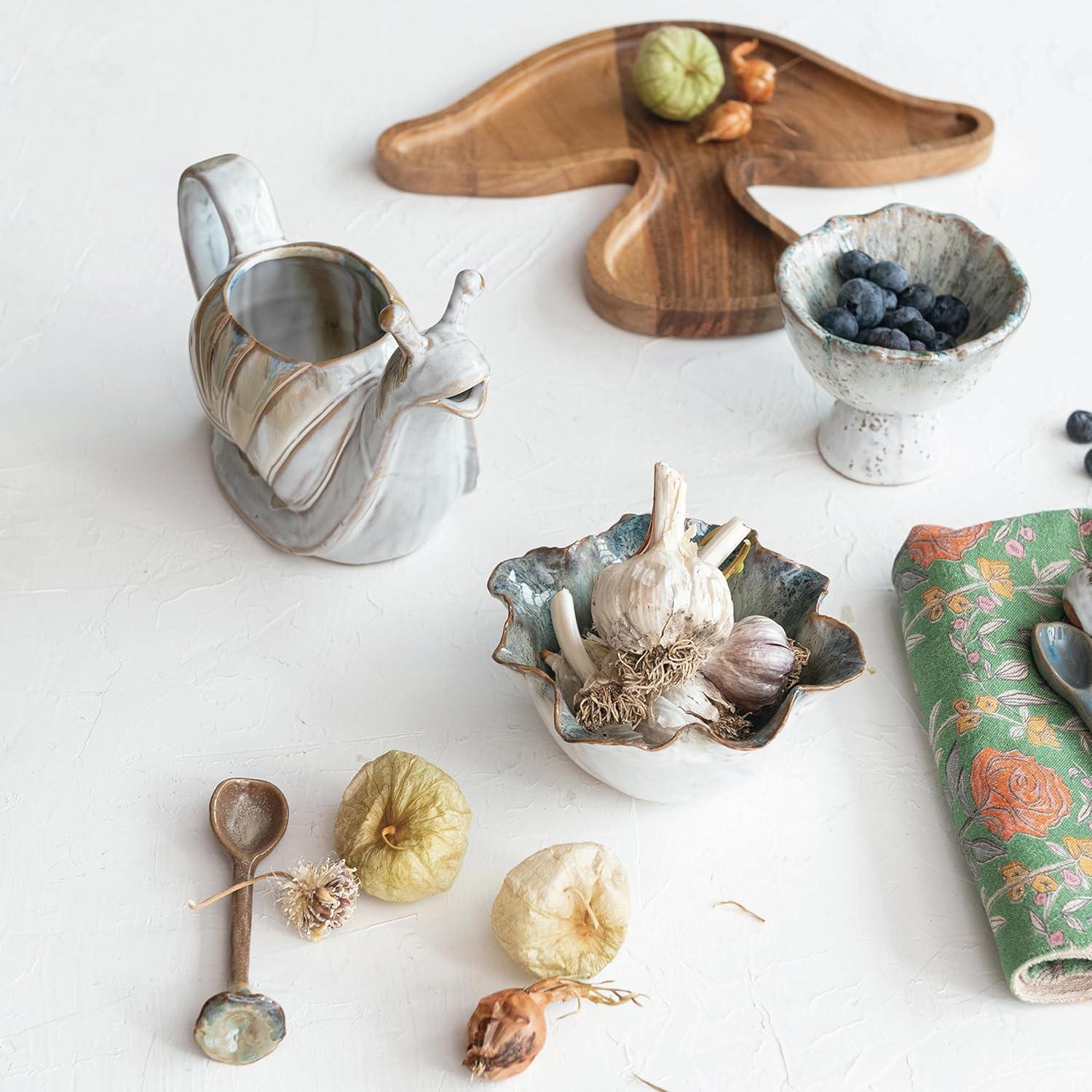 Green and Brown Speckled Stoneware Bowl with Stand