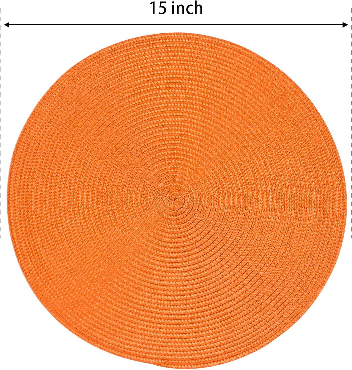 LYCAQL Round Braided Placemats Set of 4 Table Mats for Dining Tables Woven Washable Non-Slip Place mats 15 inch for Table Decor(Orange, 4pcs)