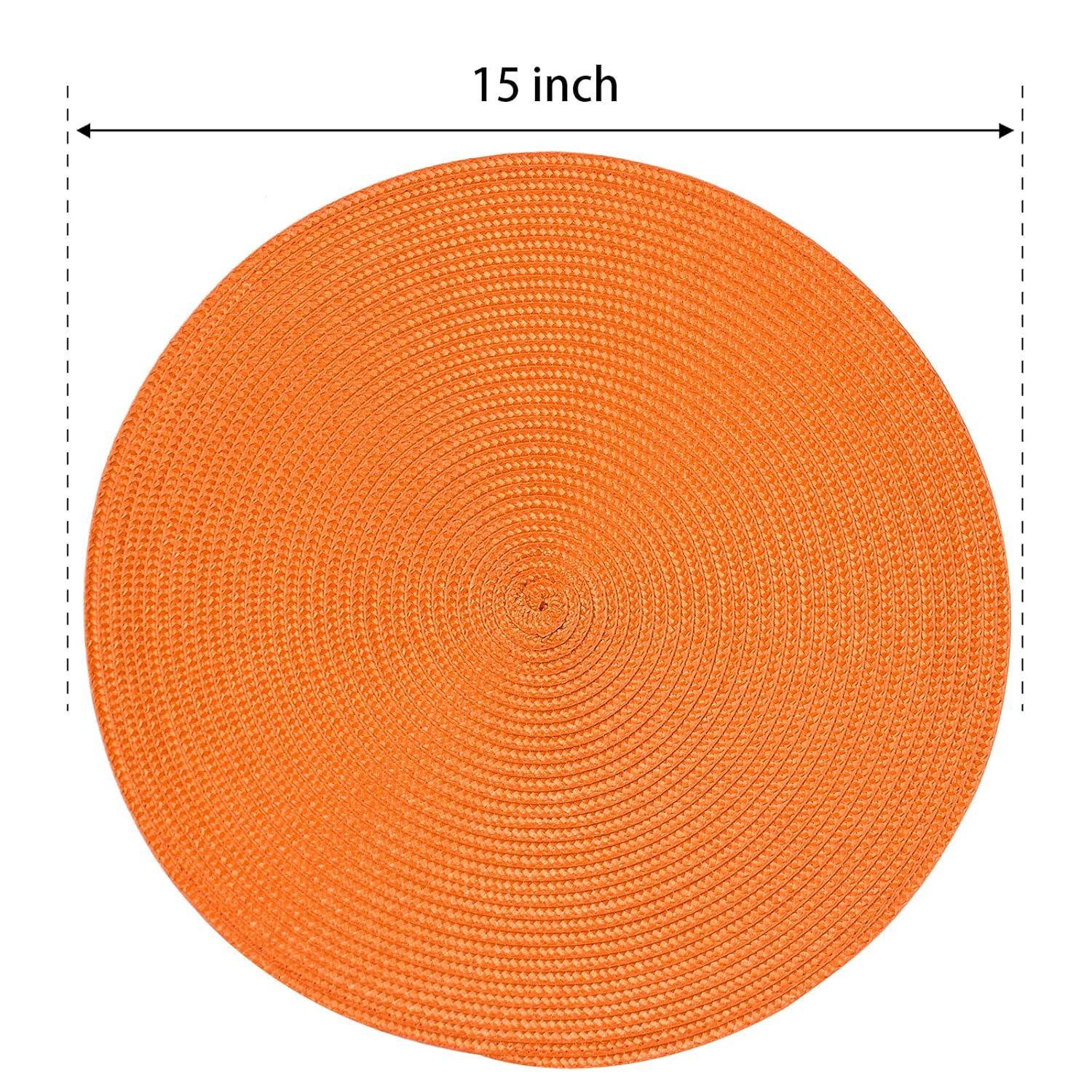 LYCAQL Round Braided Placemats Set of 4 Table Mats for Dining Tables Woven Washable Non-Slip Place mats 15 inch for Table Decor(Orange, 4pcs)