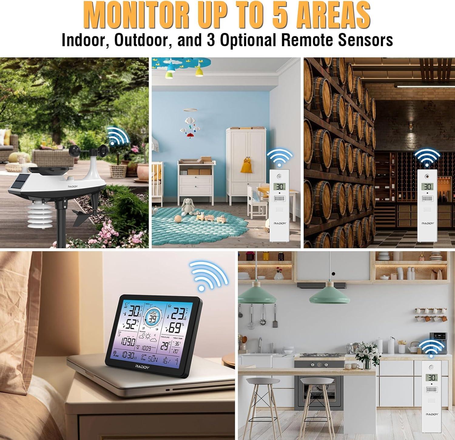 Raddy VP7 Weather Station | Wireless Indoor Outdoor Thermometer | 7.4'' Digital Color Display with Atomic Weather Clock | Temperature Humidity Monitor with Weather Forecast and Barometric Pressure