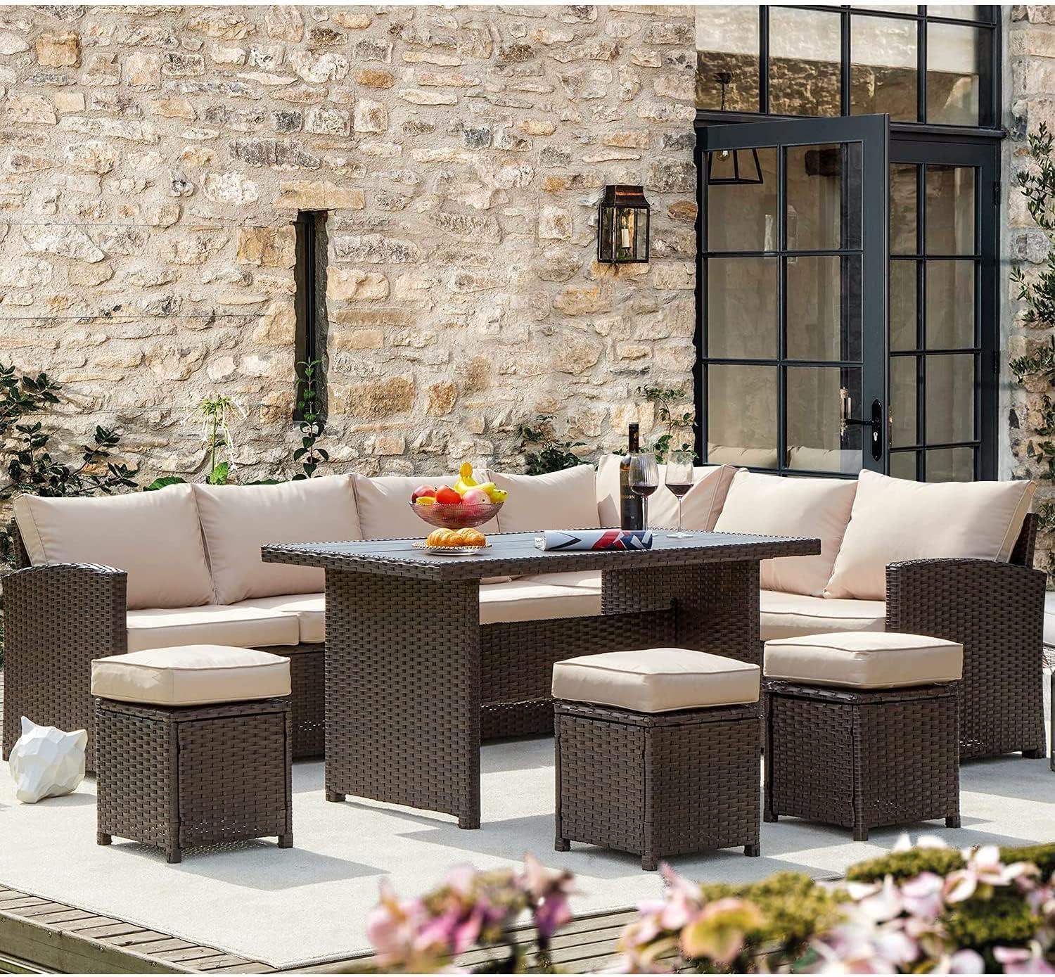 7-Piece Beige Cushioned Brown Wicker Patio Furniture Set