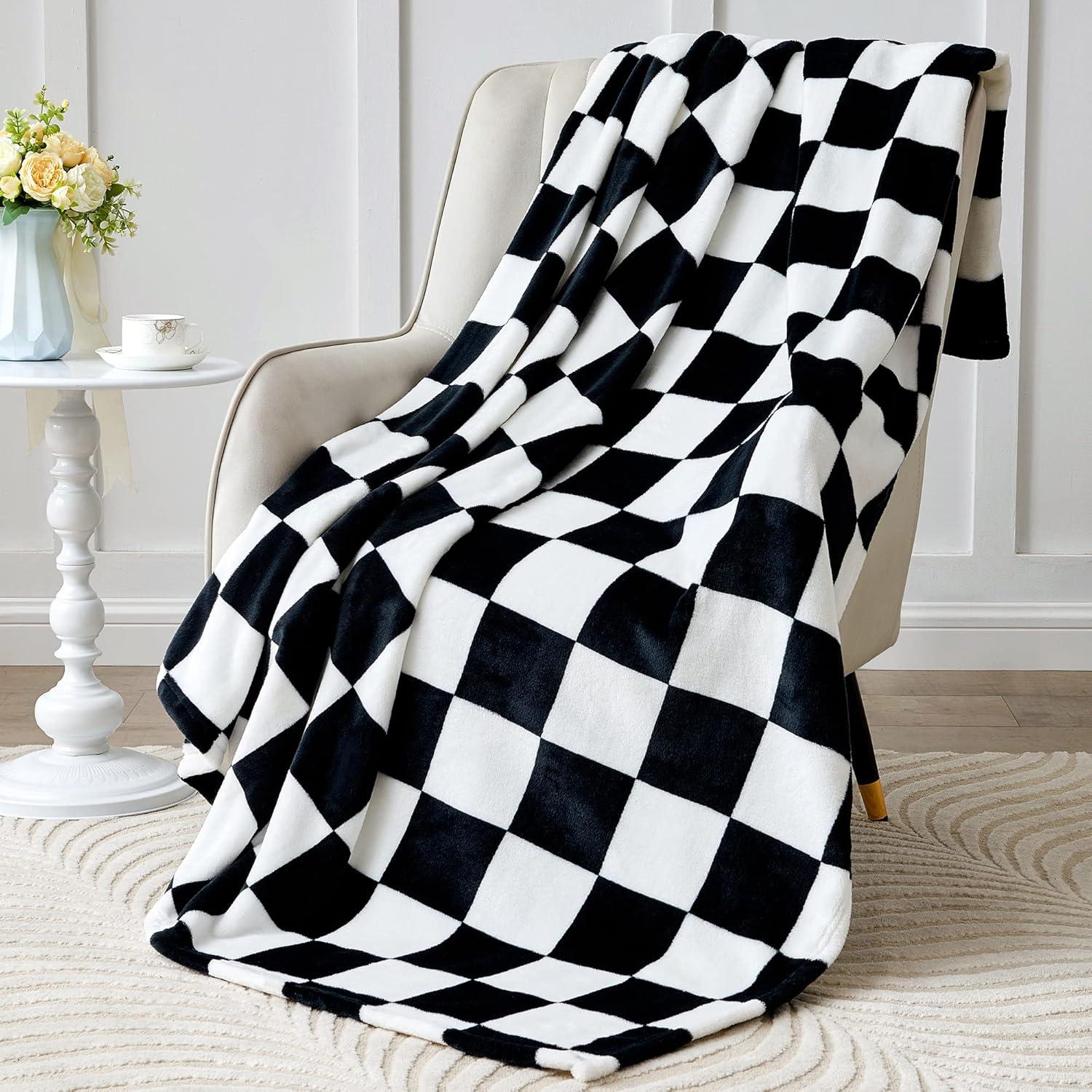 BEDELITE Checkered Throw Blanket for Couch, Soft & Cozy Fleece Flannel Blanket with Checkerboard Grid Home Decor, Checkered Black, 50x60 Inches