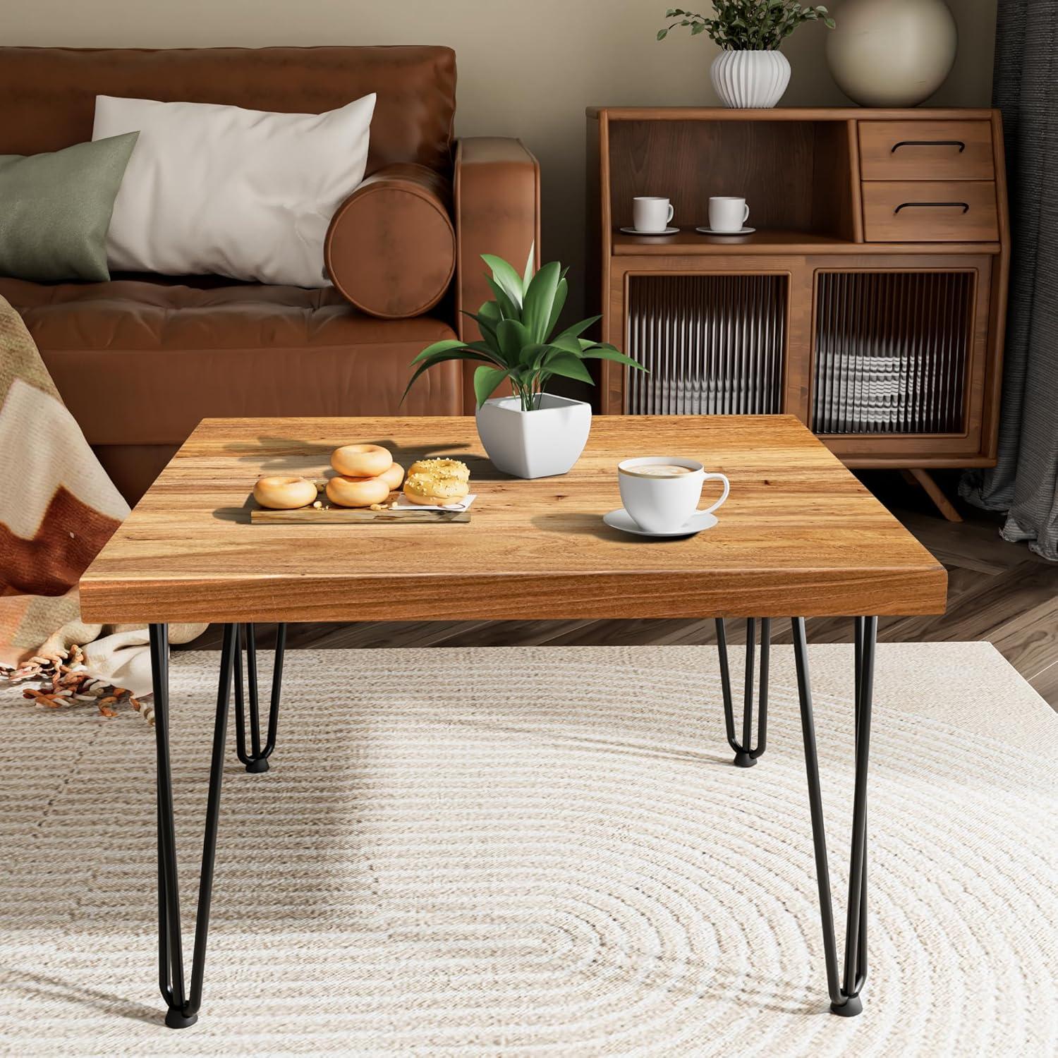 Rustic Elm Wood Square Coffee Table with Metal Hairpin Legs