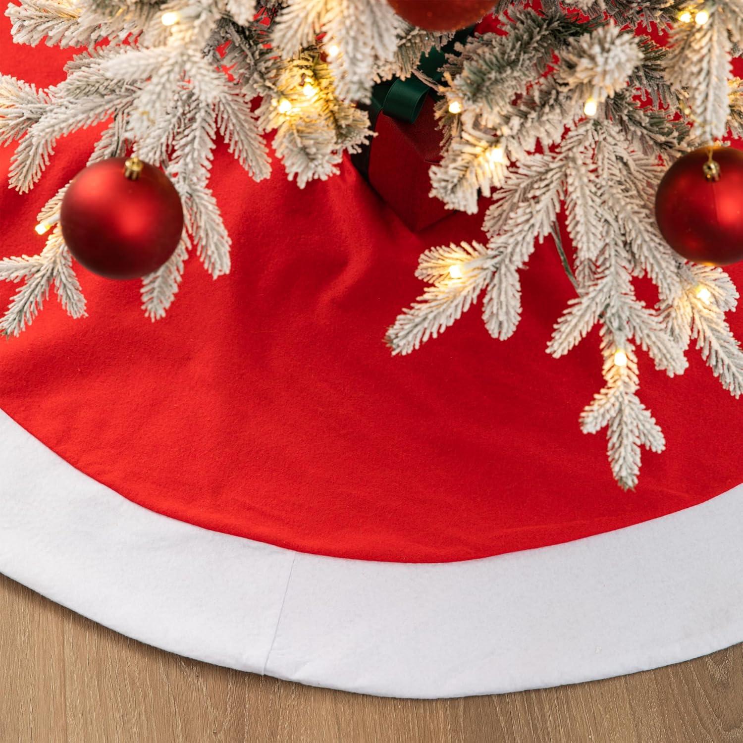 48" Red and White Felt Christmas Tree Skirt with Trim Embellishment