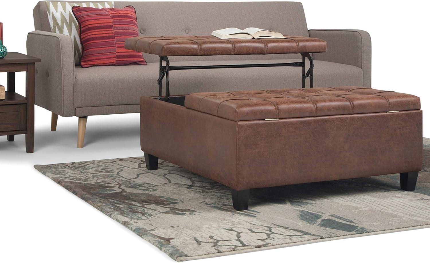 Simpli Home Coffee Table Storage Ottoman In Distressed Umber Brown Vegan Faux Leather